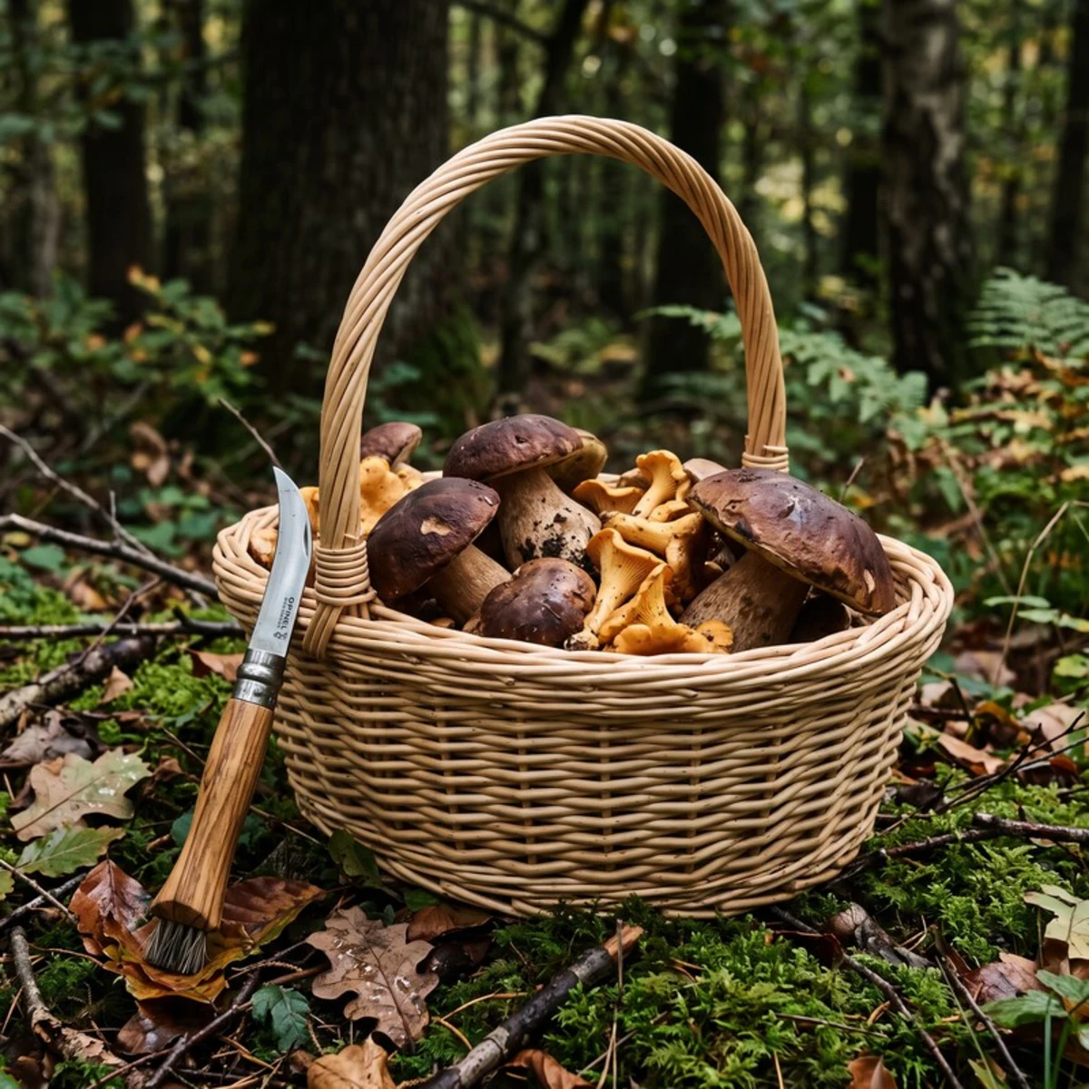 Panier en osier rempli de champignons en sous-bois