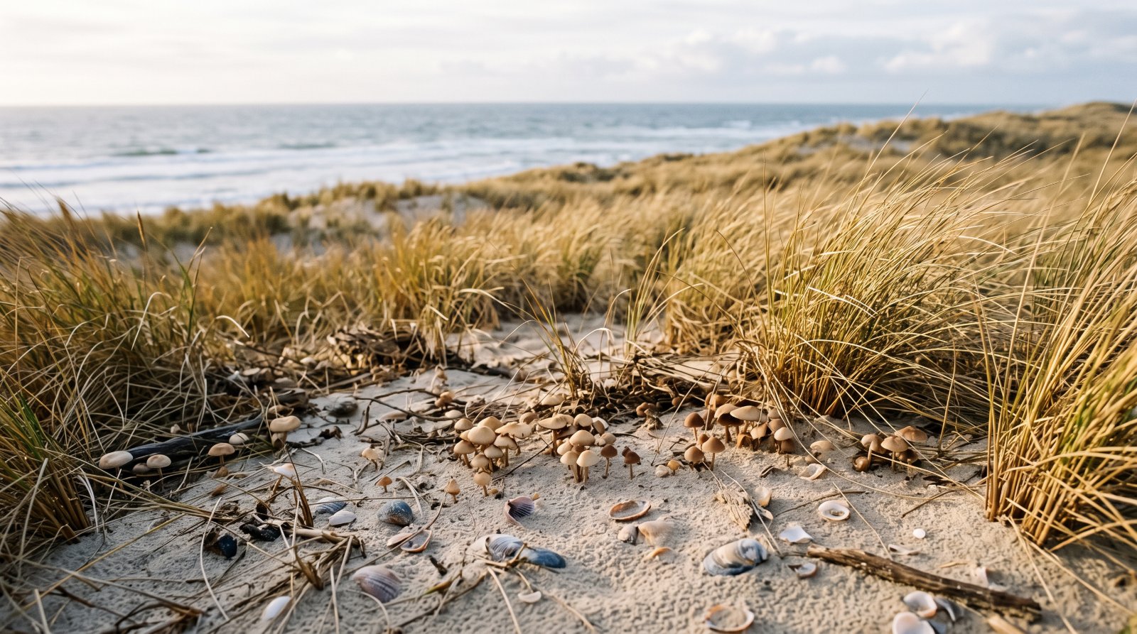 Pelouse dunaire en automne avec de petits champignons entre les touffes d'oyats