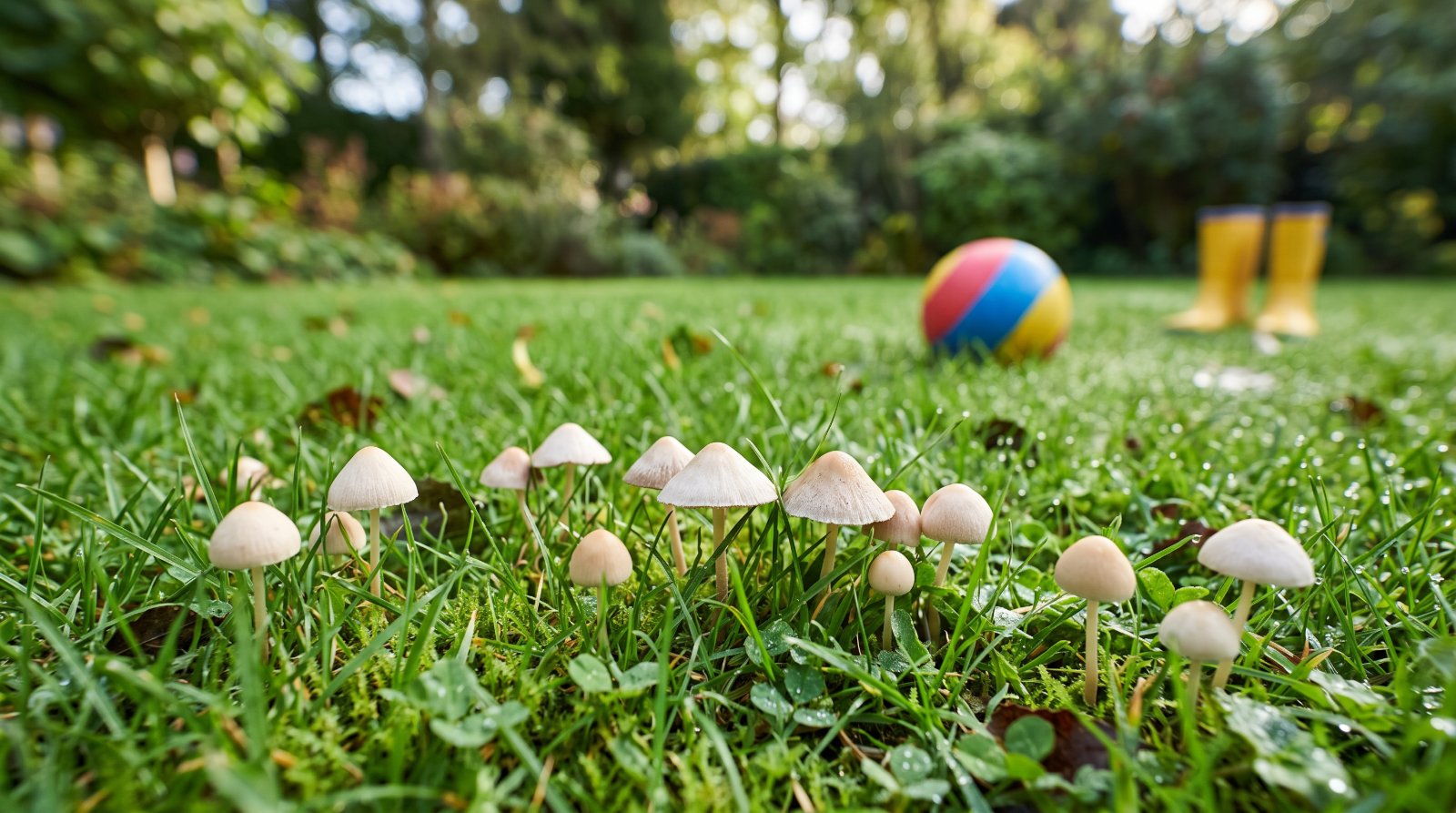 Petits champignons blancs et beiges dans une pelouse de jardin