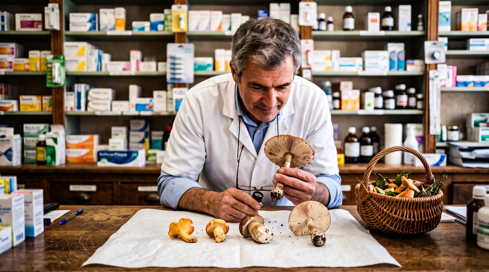 Pharmacien examinant des champignons entiers posés sur son comptoir
