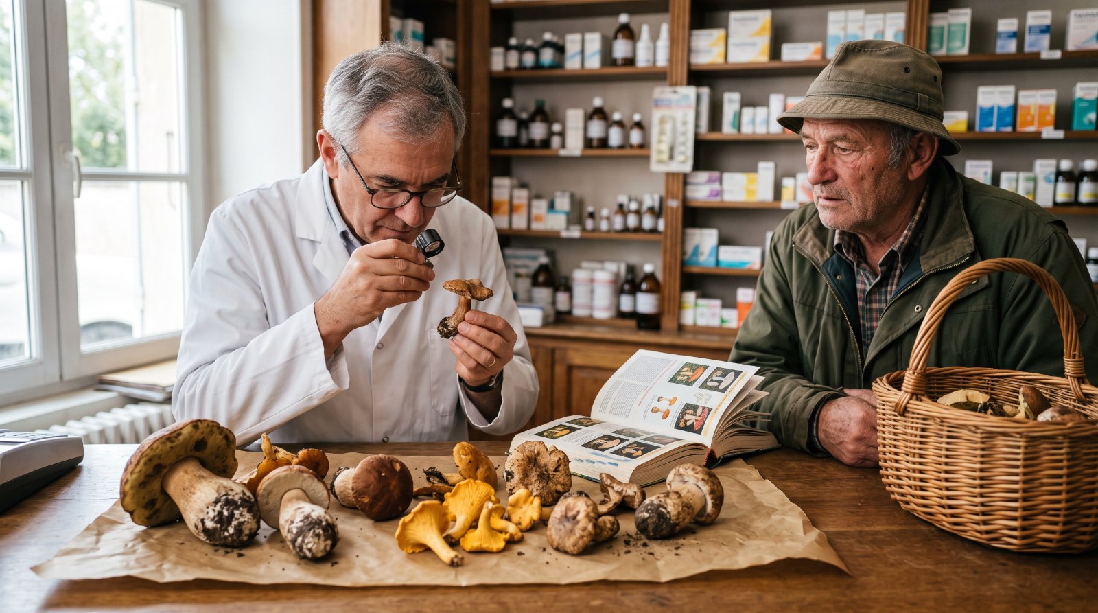 Pharmacien examinant à la loupe des champignons apportés par un cueilleur