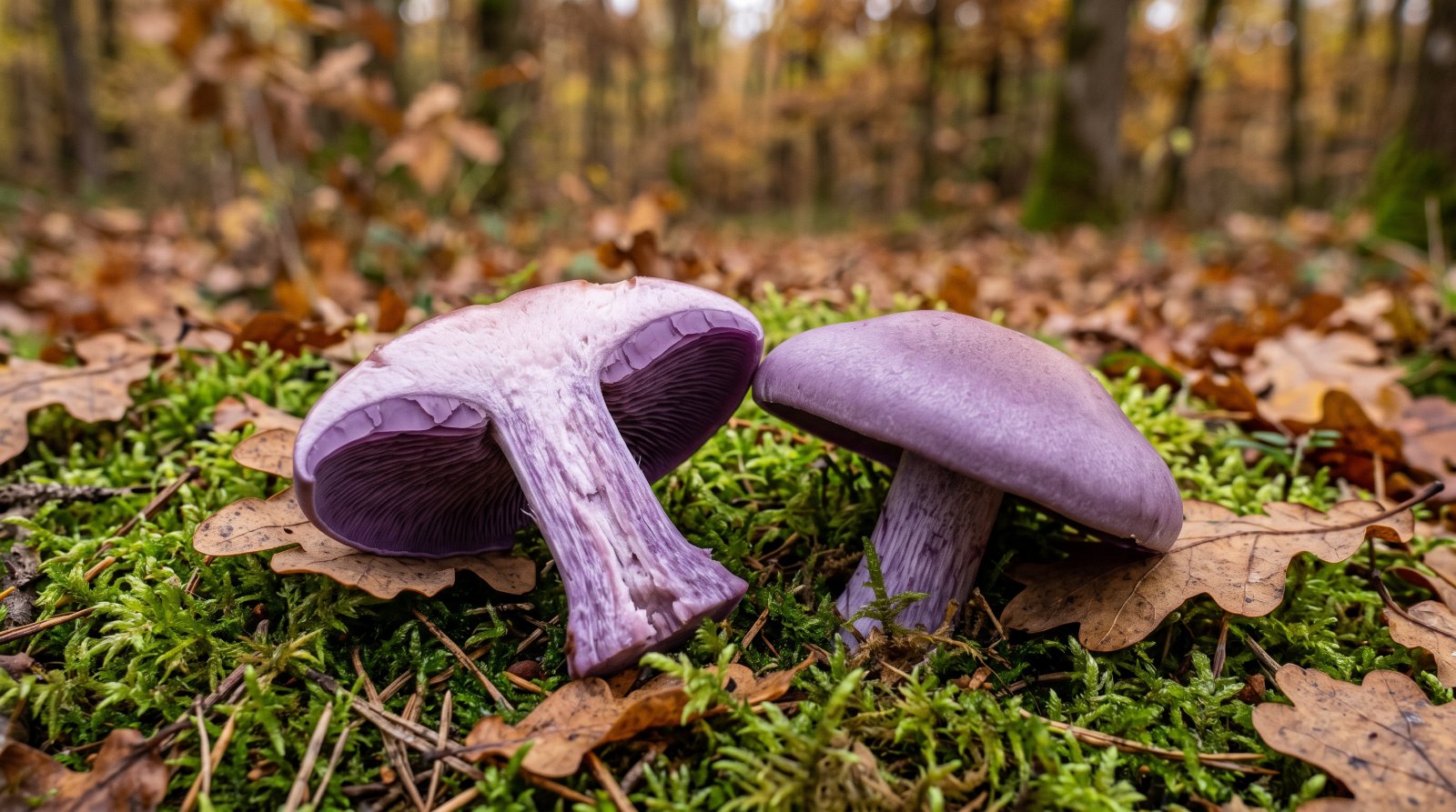 Pied bleu coupé en deux montrant sa chair lilas et ses lames violettes