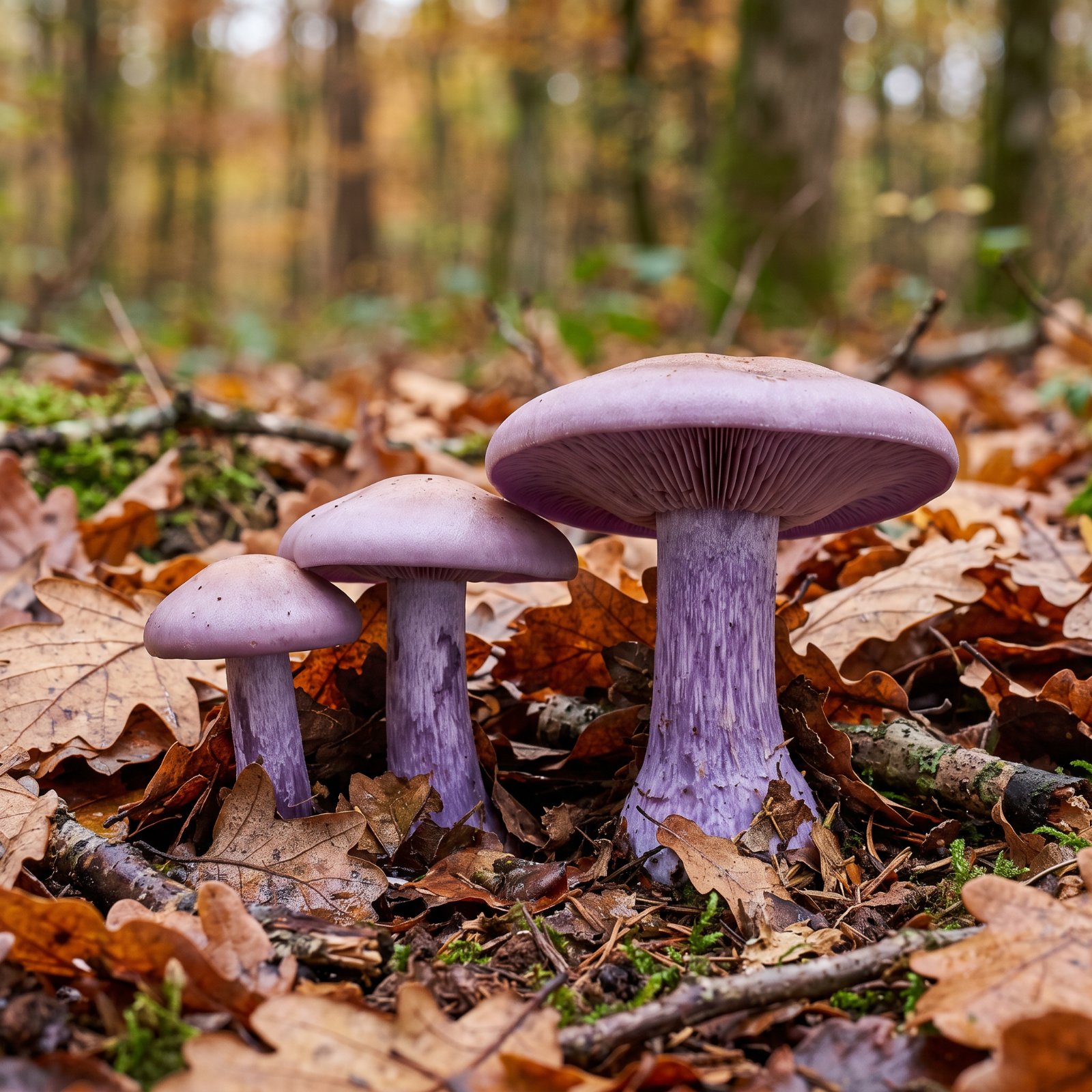 Pieds bleus (Lepista nuda) au chapeau lilas et aux lames violettes dans la litière