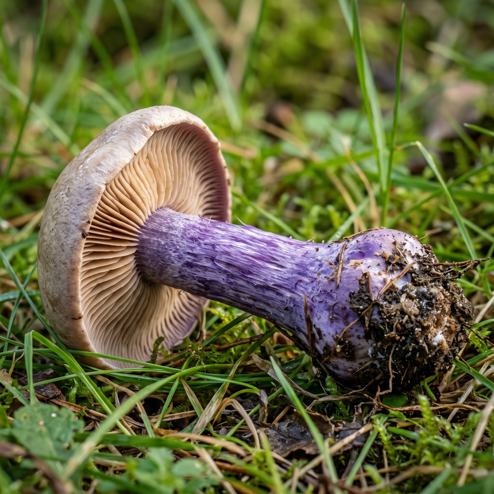 Contraste entre le chapeau beige gris et le pied violet vif du pied violet