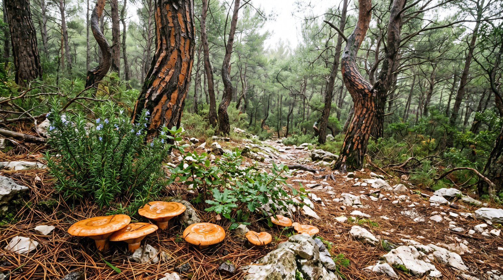 Pinède de pins d'Alep en Provence en novembre après la pluie, roche calcaire affleurante, romarin et lactaires orange