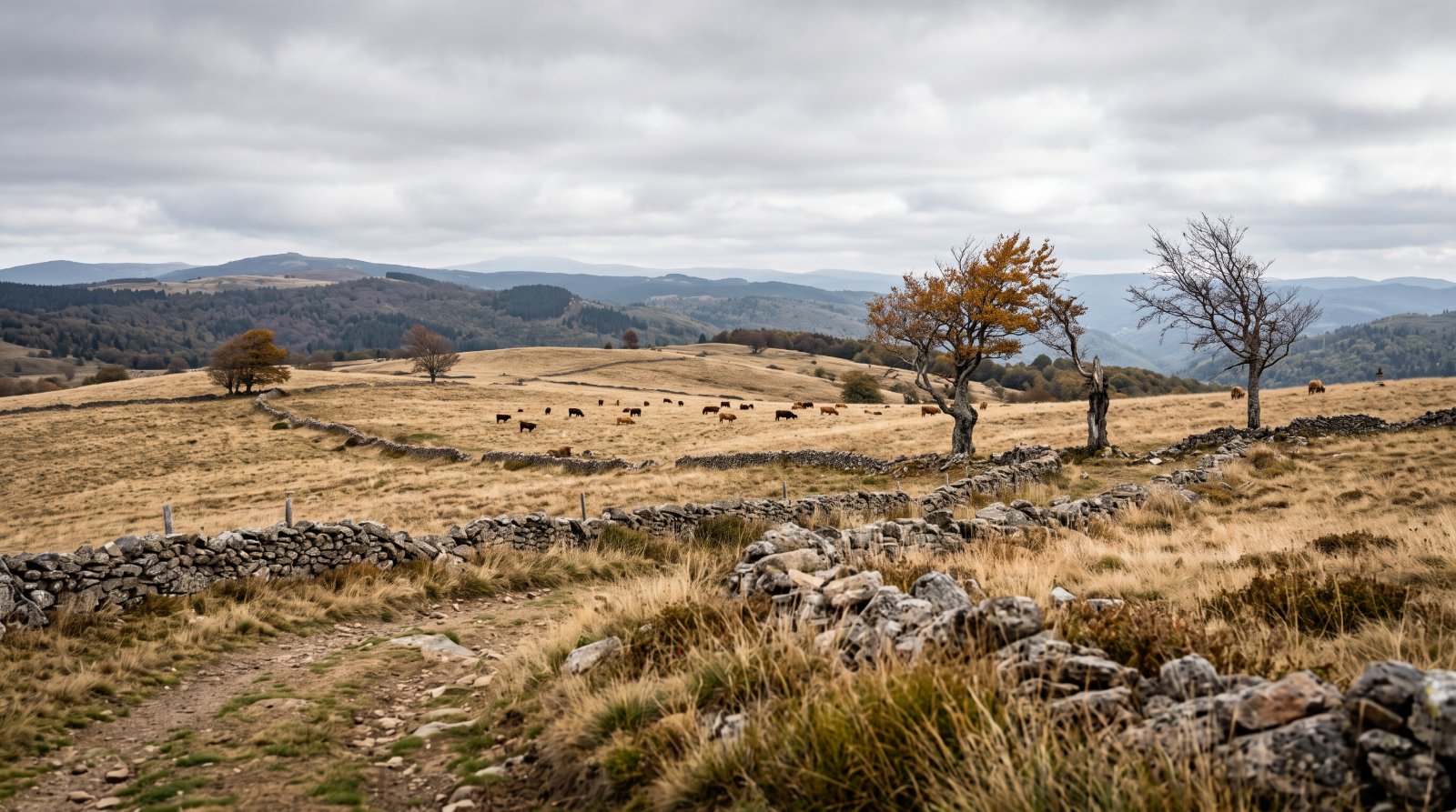 Plateau d'altitude en automne : prairies rases, murets de pierre et hêtres isolés