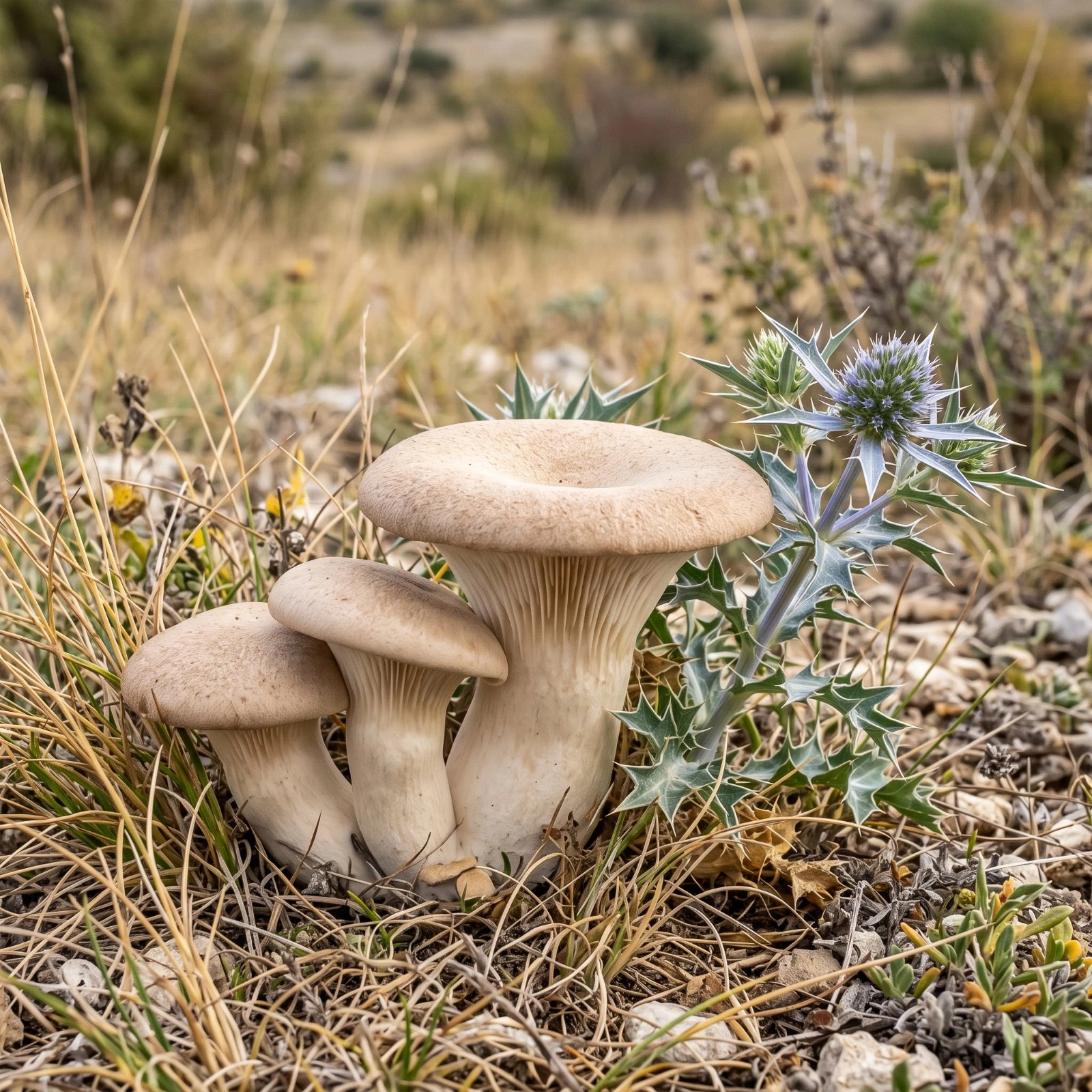 Pleurotes du panicaut (Pleurotus eryngii) dans une pelouse sèche, au pied d'un chardon panicaut