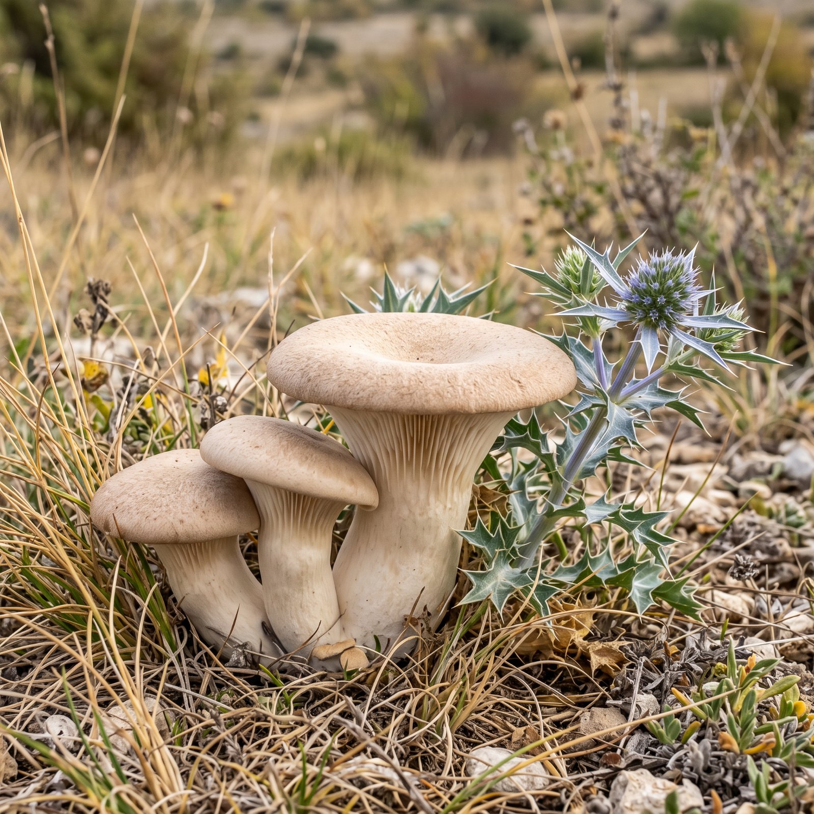 Pleurotes du panicaut (Pleurotus eryngii) dans une pelouse sèche, au pied d'un chardon panicaut