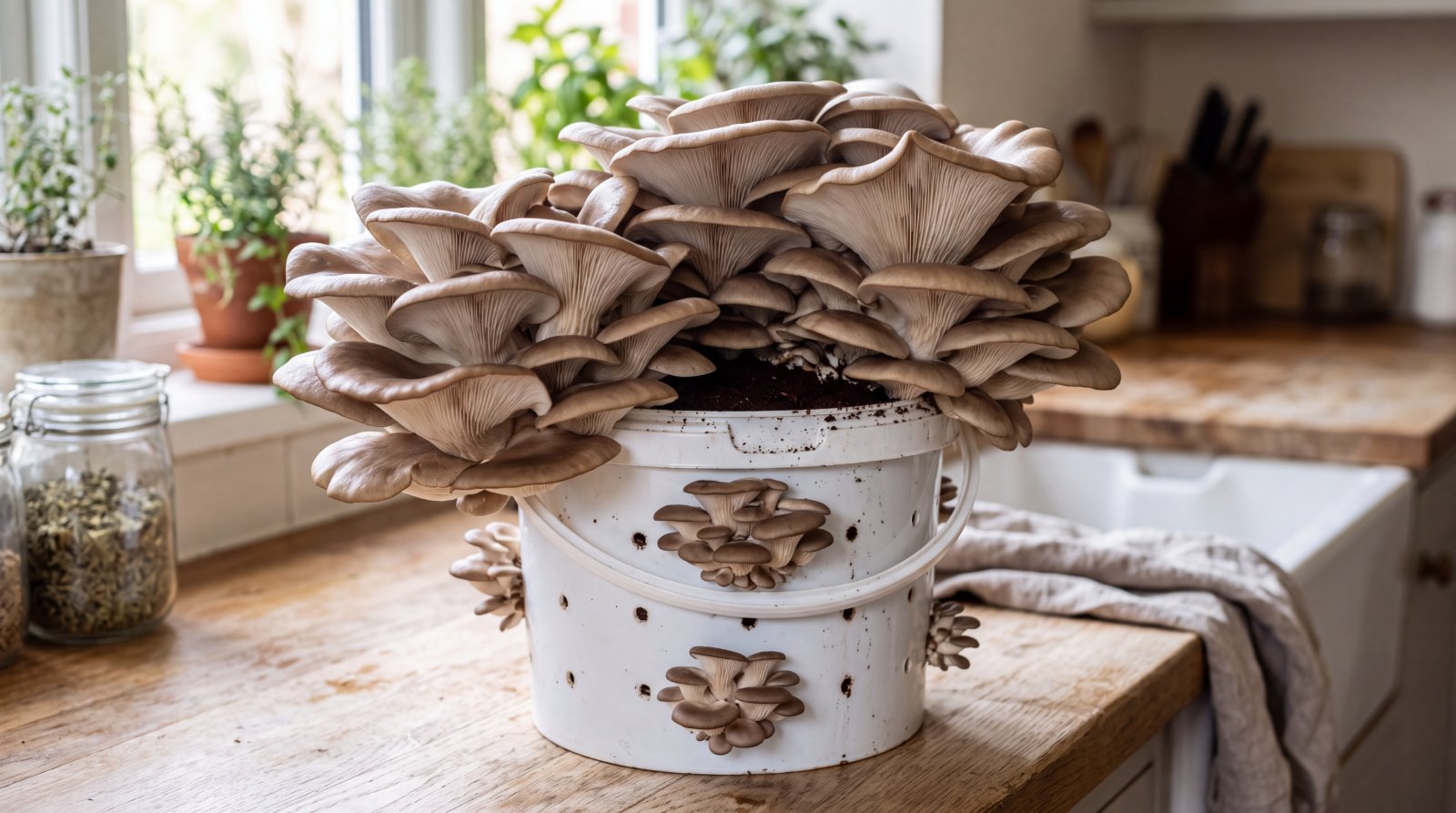 Touffe de pleurotes en huître poussant hors d'un seau de marc de café