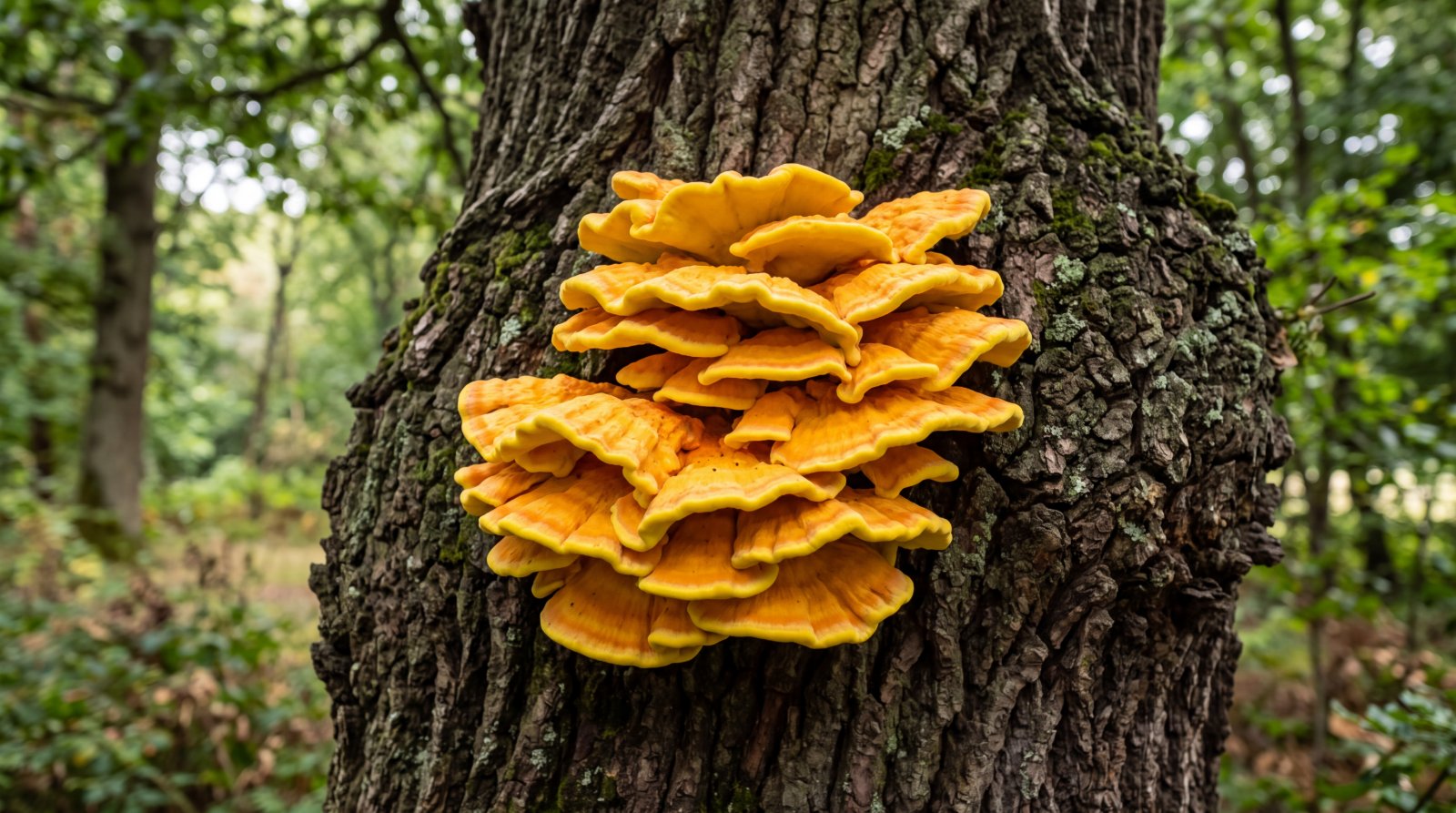 Console de polypore soufré jaune orangé sur le tronc d'un vieux chêne vivant