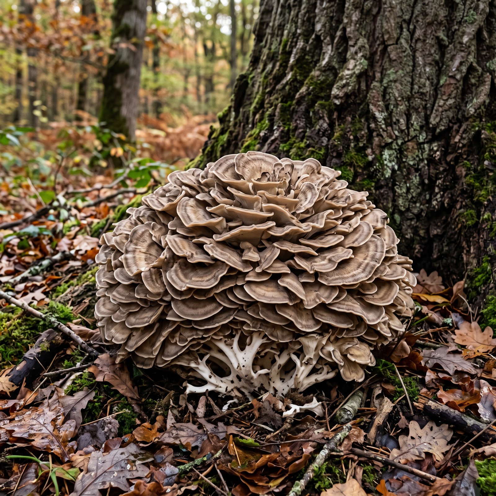 Poule des bois (Grifola frondosa), grosse touffe de chapeaux gris brun au pied d'un chêne