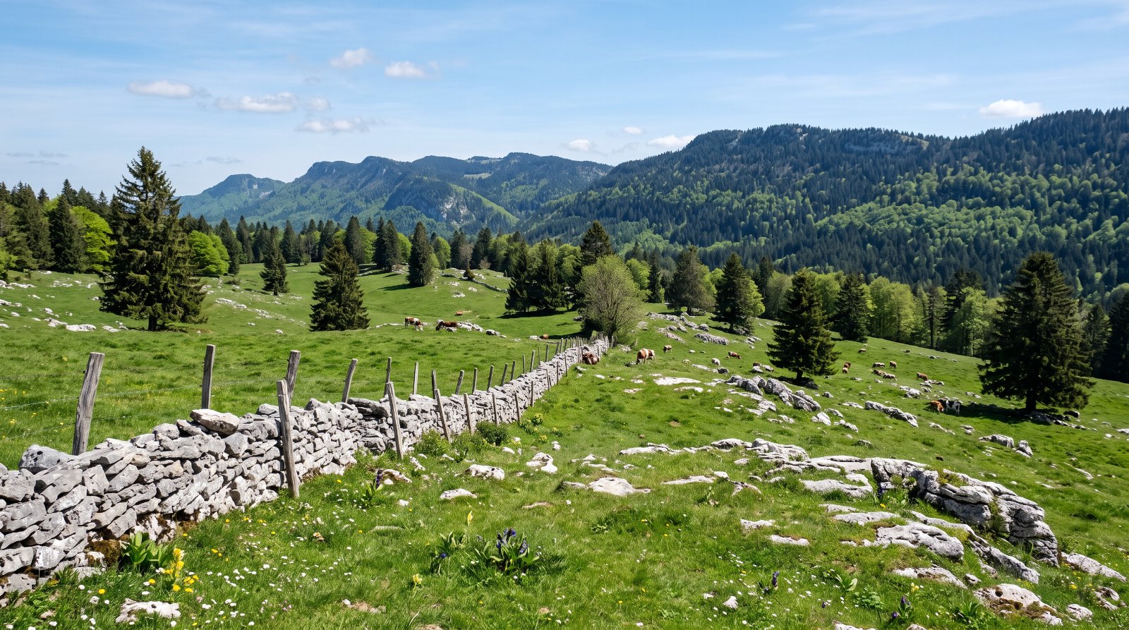 Pré-bois du Jura au printemps, sapins isolés dans une prairie pâturée, murets de pierre sèche et dalles calcaires