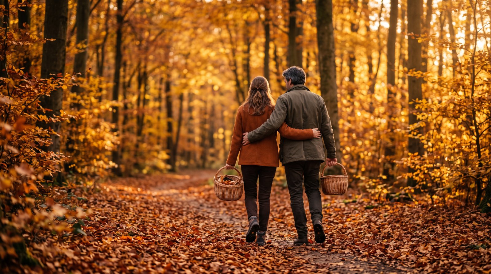 Promeneurs avec des paniers en osier sur un chemin forestier en automne