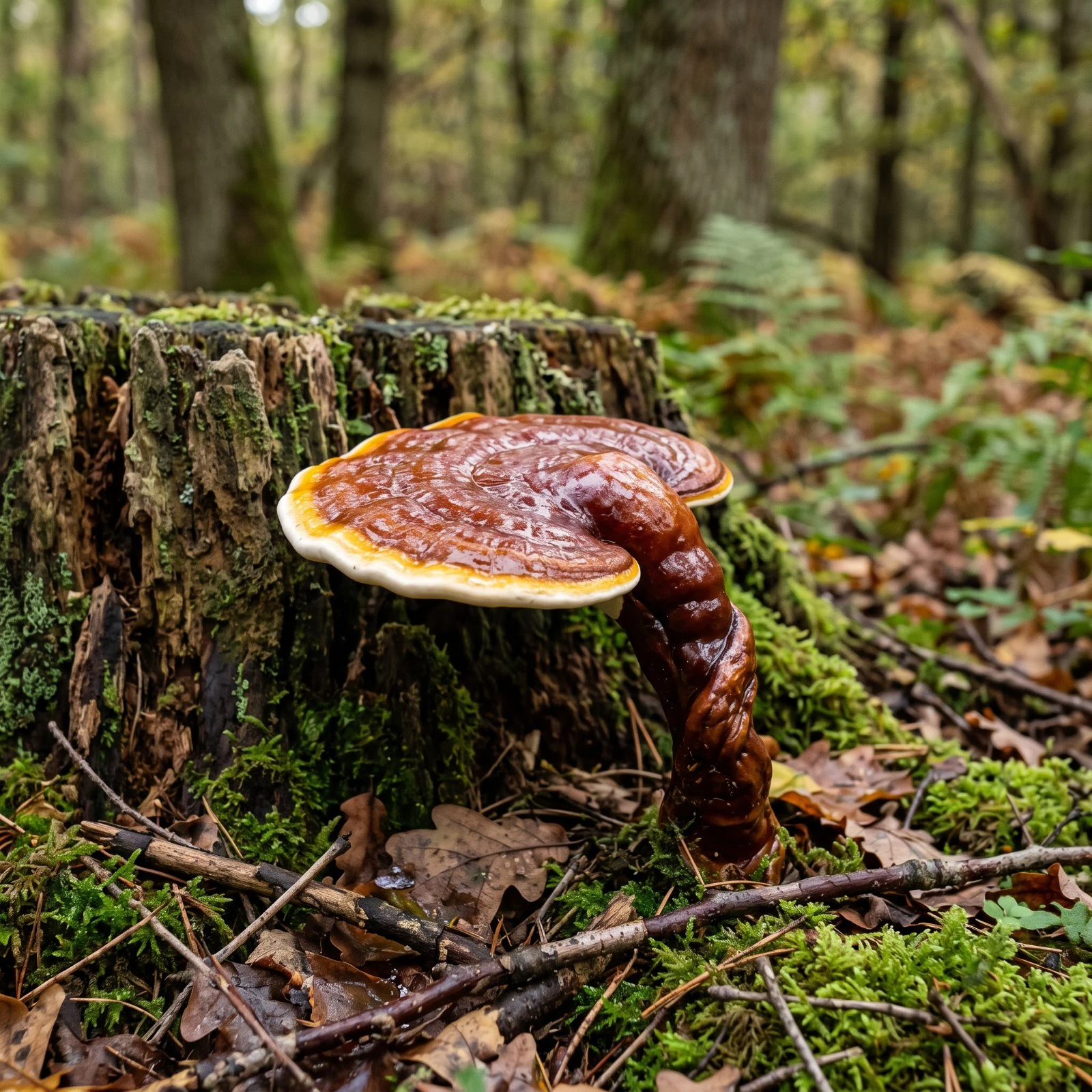 Reishi (Ganoderma lucidum) au chapeau laqué brun rouge sur une souche de chêne