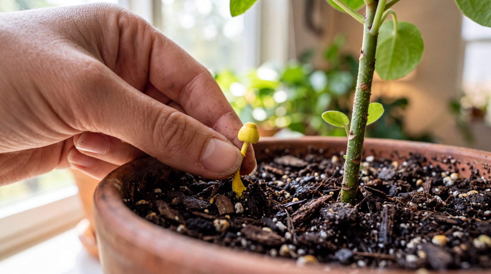 Main retirant un petit champignon jaune du terreau d'une plante d'intérieur