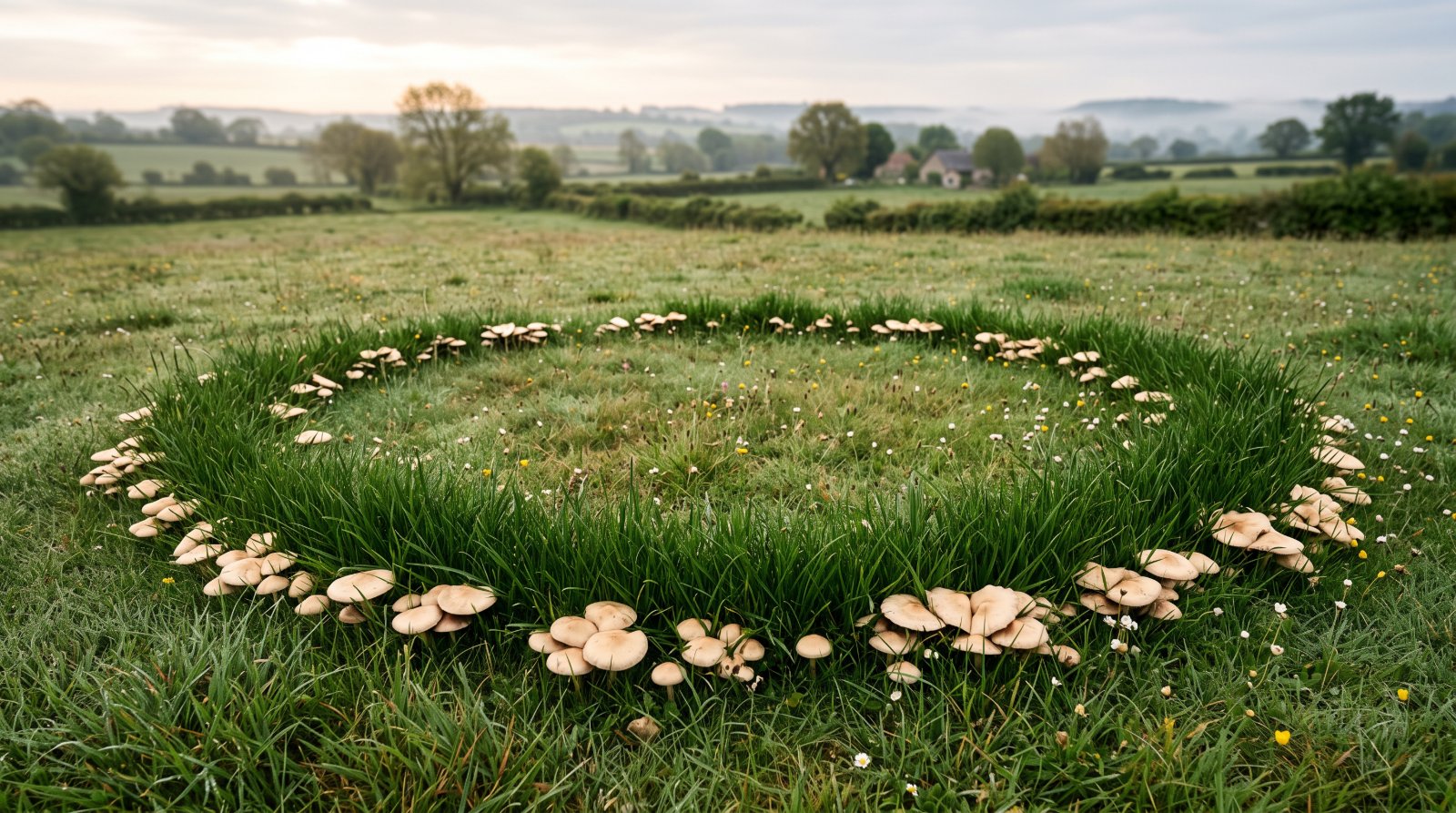 Rond de sorcière dans une prairie, cercle de champignons et herbe plus verte