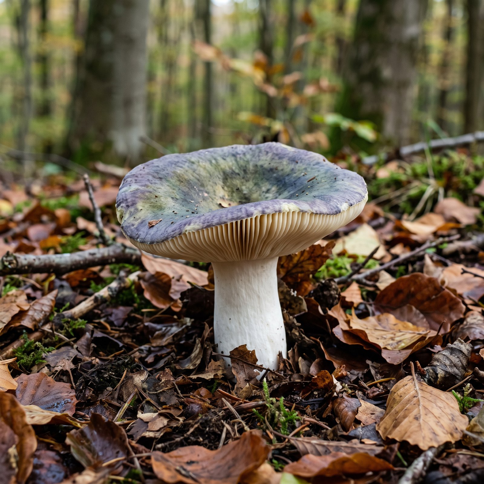 Russule charbonnière (Russula cyanoxantha) au chapeau violacé et vert olive