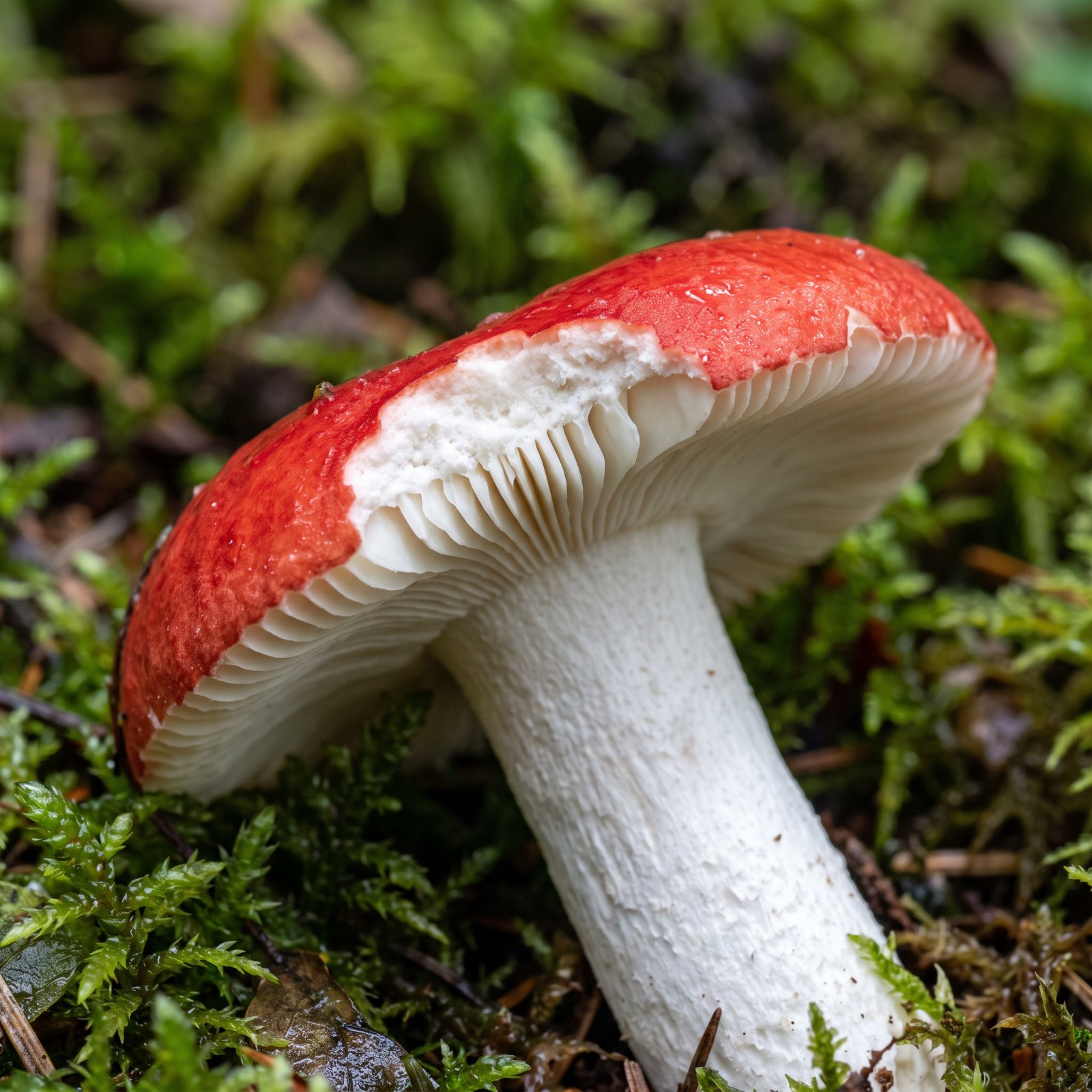 Cuticule rouge se détachant et lames blanches espacées de la russule émétique