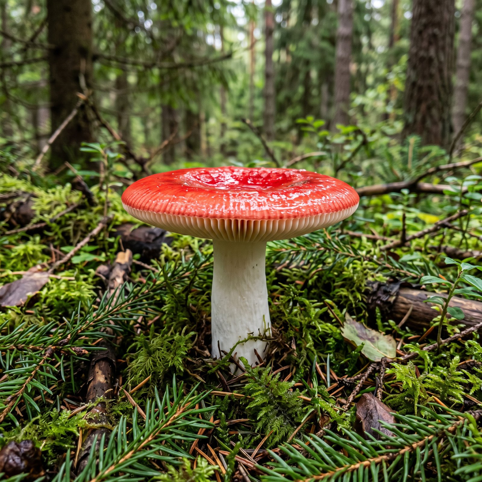 Russule émétique (Russula emetica) au chapeau rouge écarlate et aux lames blanches, sur mousse