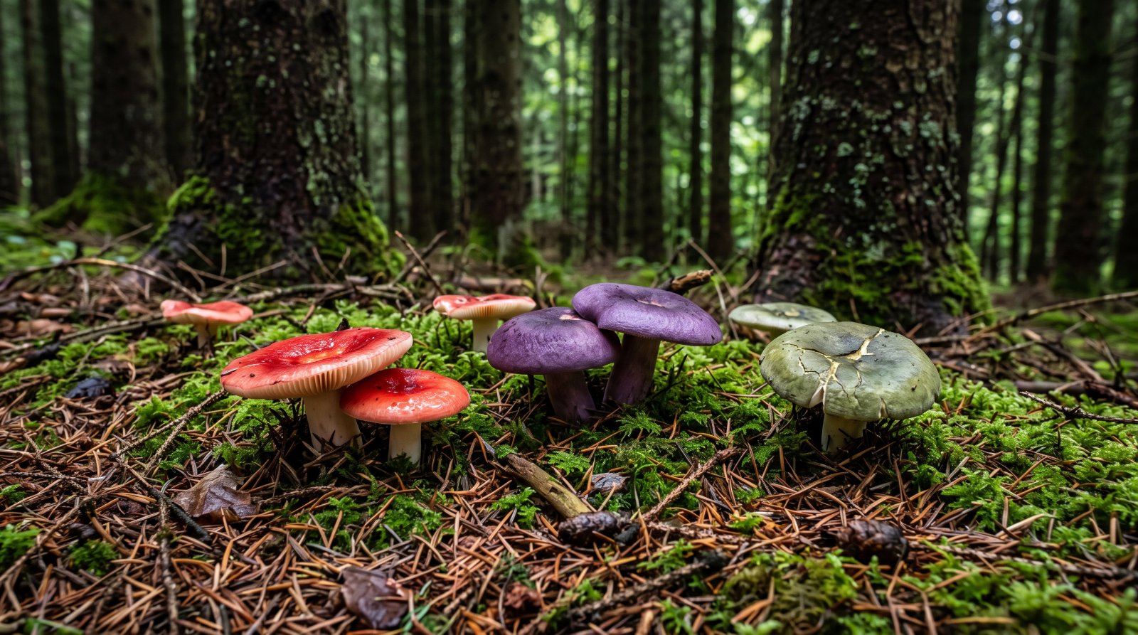 Russules aux chapeaux rouges, violets et verts sur le sol d'une pessière