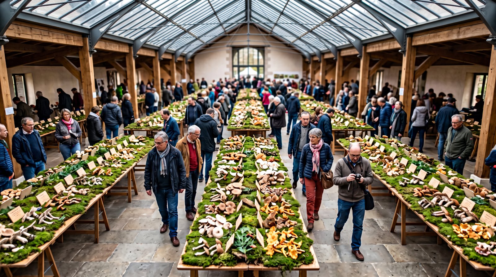 Grande salle d'exposition mycologique avec ses longues tables couvertes de champignons