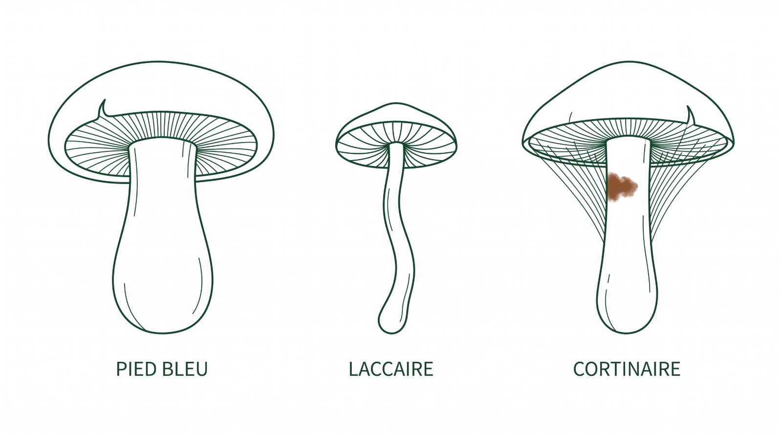 Schéma comparant le pied bleu, le laccaire améthyste et le cortinaire violet