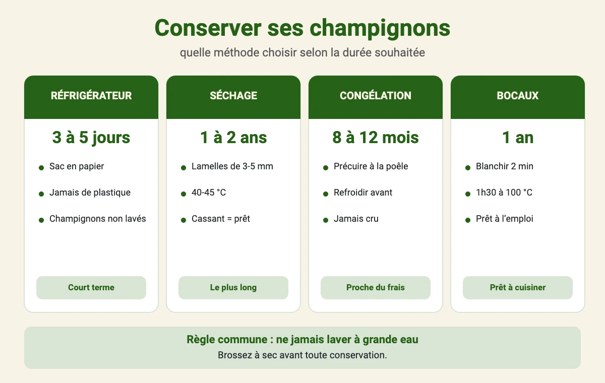 Schéma comparatif des quatre méthodes de conservation des champignons : réfrigérateur, séchage, congélation et bocaux, avec leurs durées