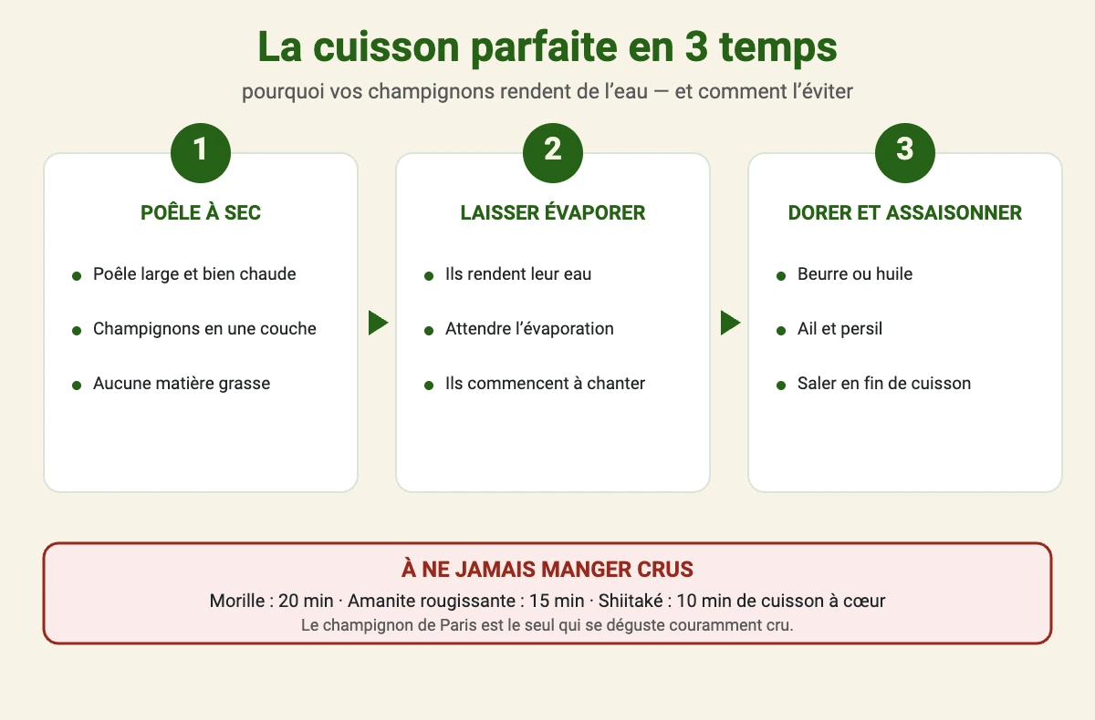 Schéma des trois étapes de la cuisson des champignons : poêle à sec, évaporation de l’eau puis matière grasse, avec la liste des espèces à ne jamais manger crues