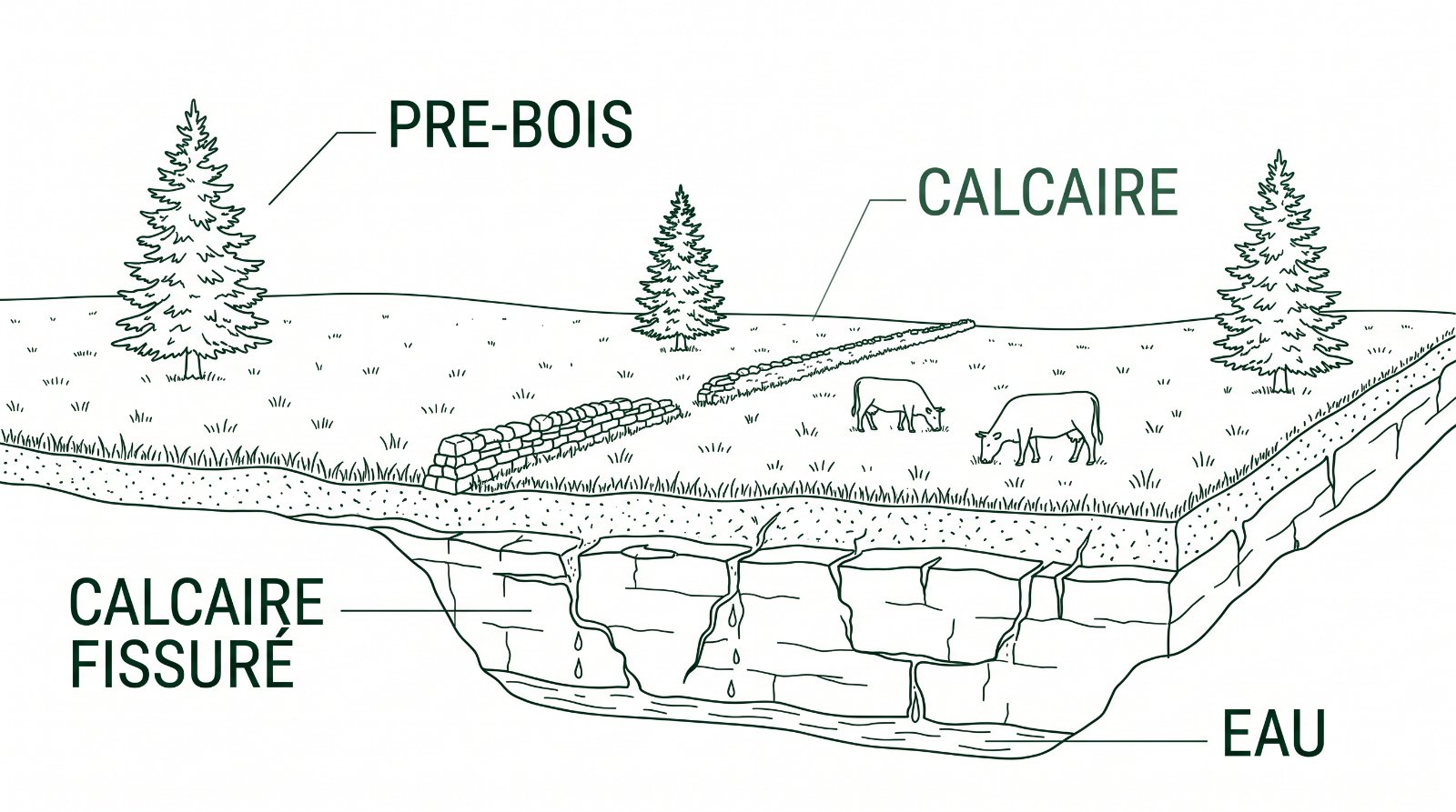 Coupe d'un pré-bois jurassien : sapins isolés dans la prairie pâturée, calcaire fissuré en dessous où l'eau s'infiltre