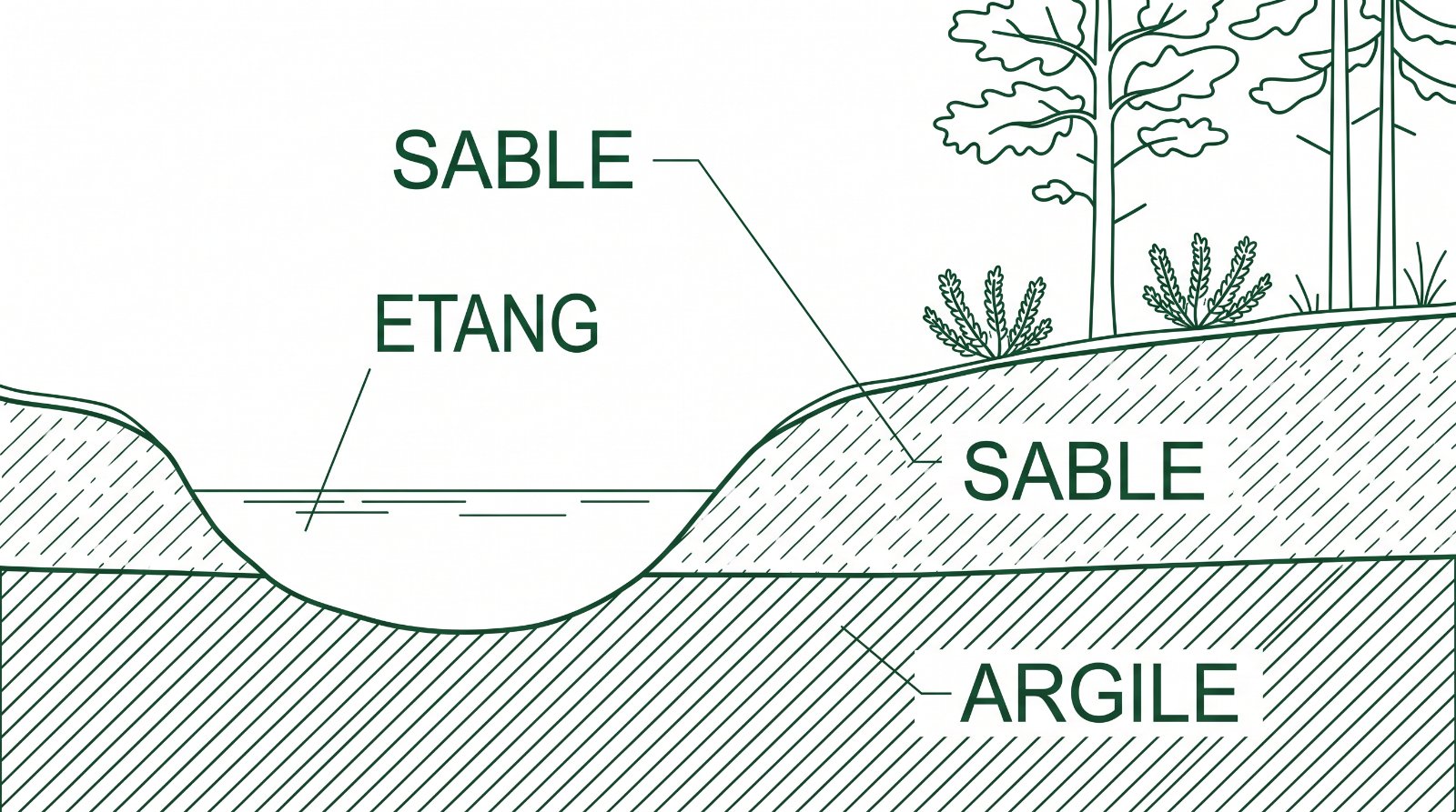 Coupe du sol solognot montrant la couche de sable drainant reposant sur l'argile imperméable qui retient l'eau des étangs