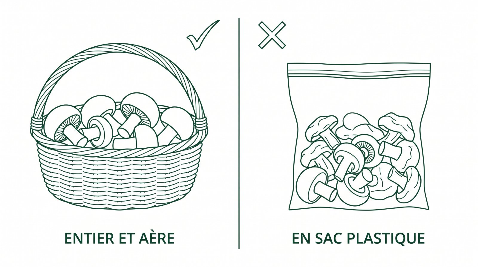 Schéma opposant le panier aéré et le sac plastique pour transporter sa récolte