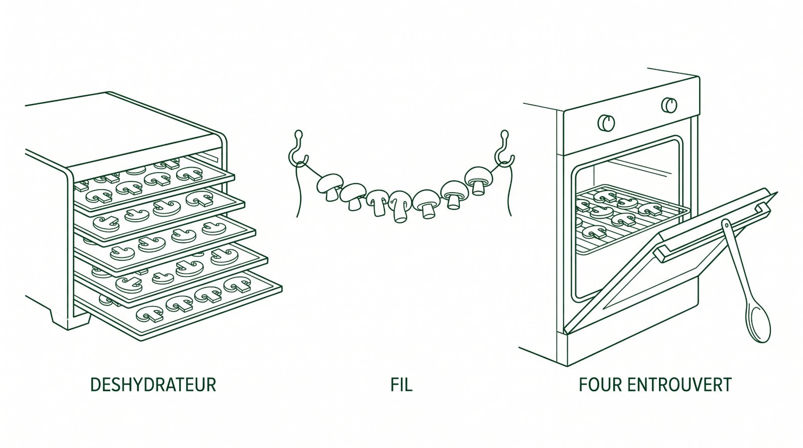 Schéma des trois méthodes de séchage : déshydrateur, fil et four entrouvert