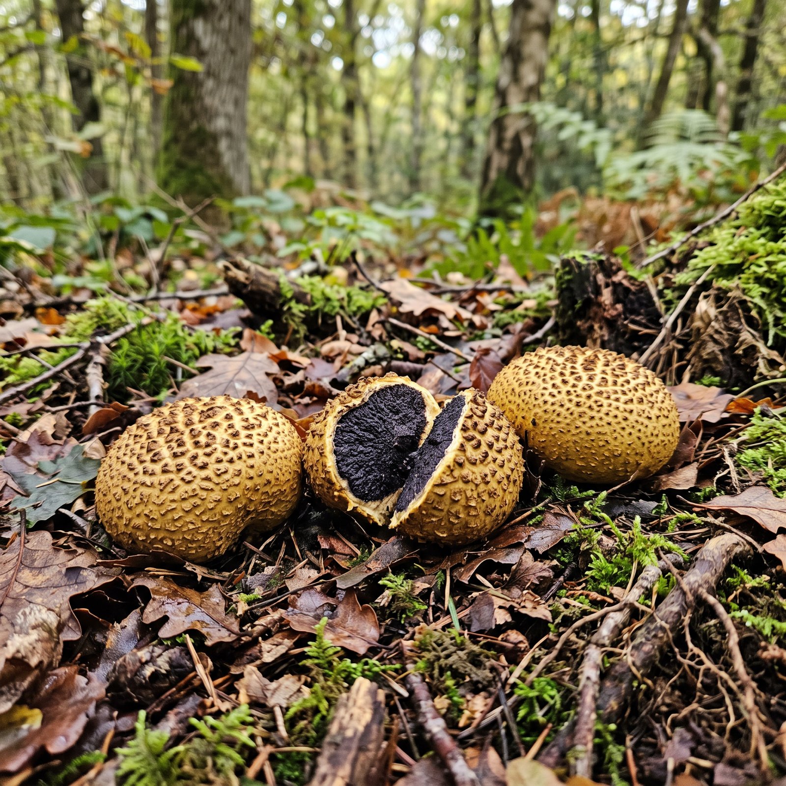 Sclérodermes vulgaires (Scleroderma citrinum) à peau verruqueuse ocre, l'un fendu montrant sa chair noire