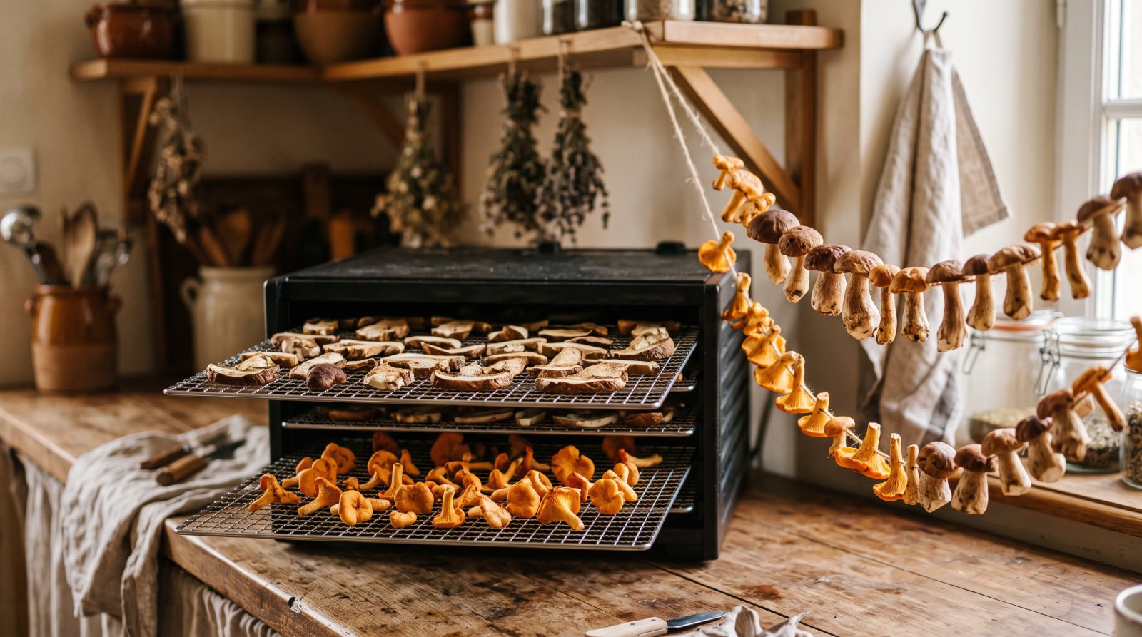 Lamelles de cèpes et girolles en train de sécher sur les grilles d'un déshydrateur