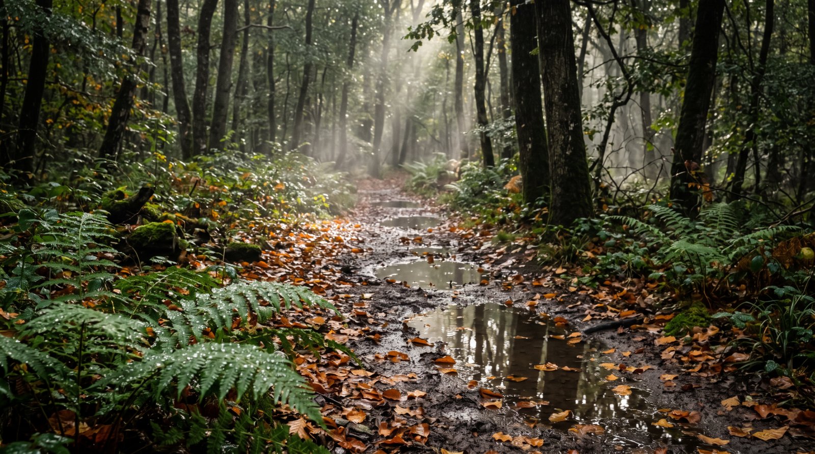 Sentier forestier détrempé après un orage, flaques et vapeur entre les troncs