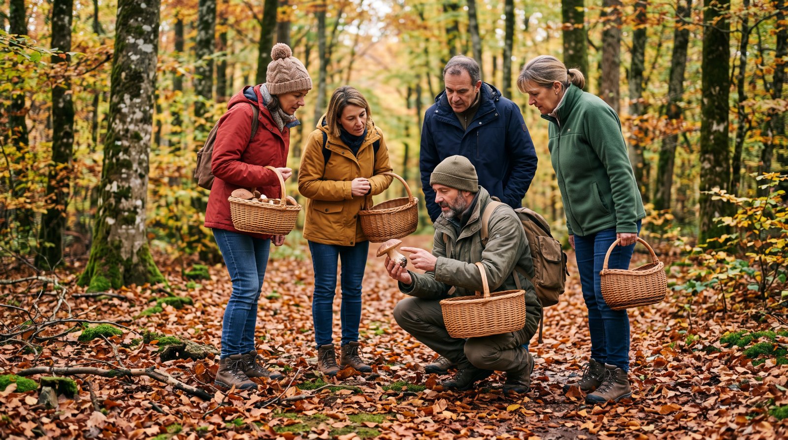 Sortie mycologique guidée en forêt, un mycologue montre un champignon au groupe