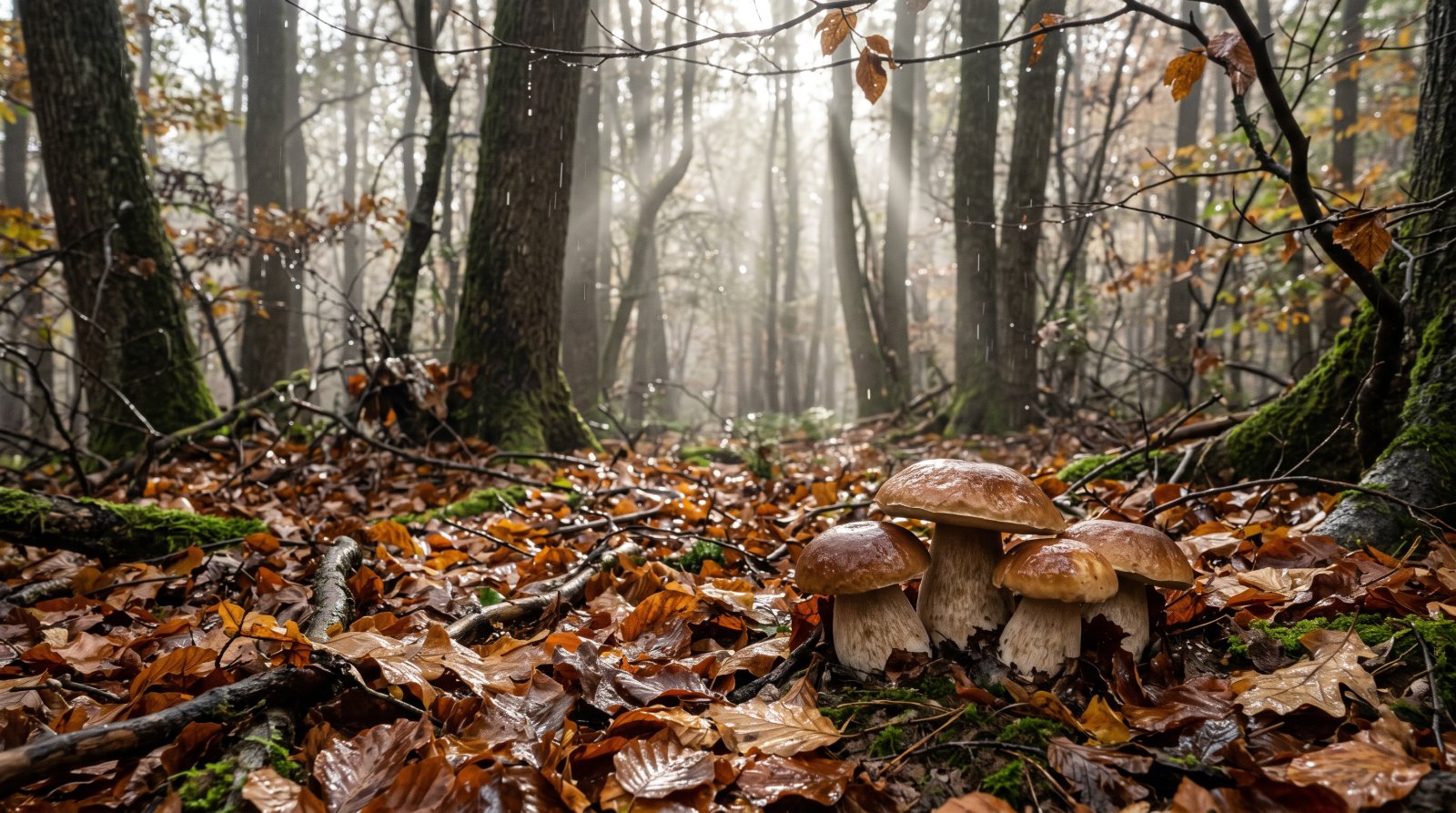 Sous-bois humide après une averse, avec des cèpes qui sortent de la litière