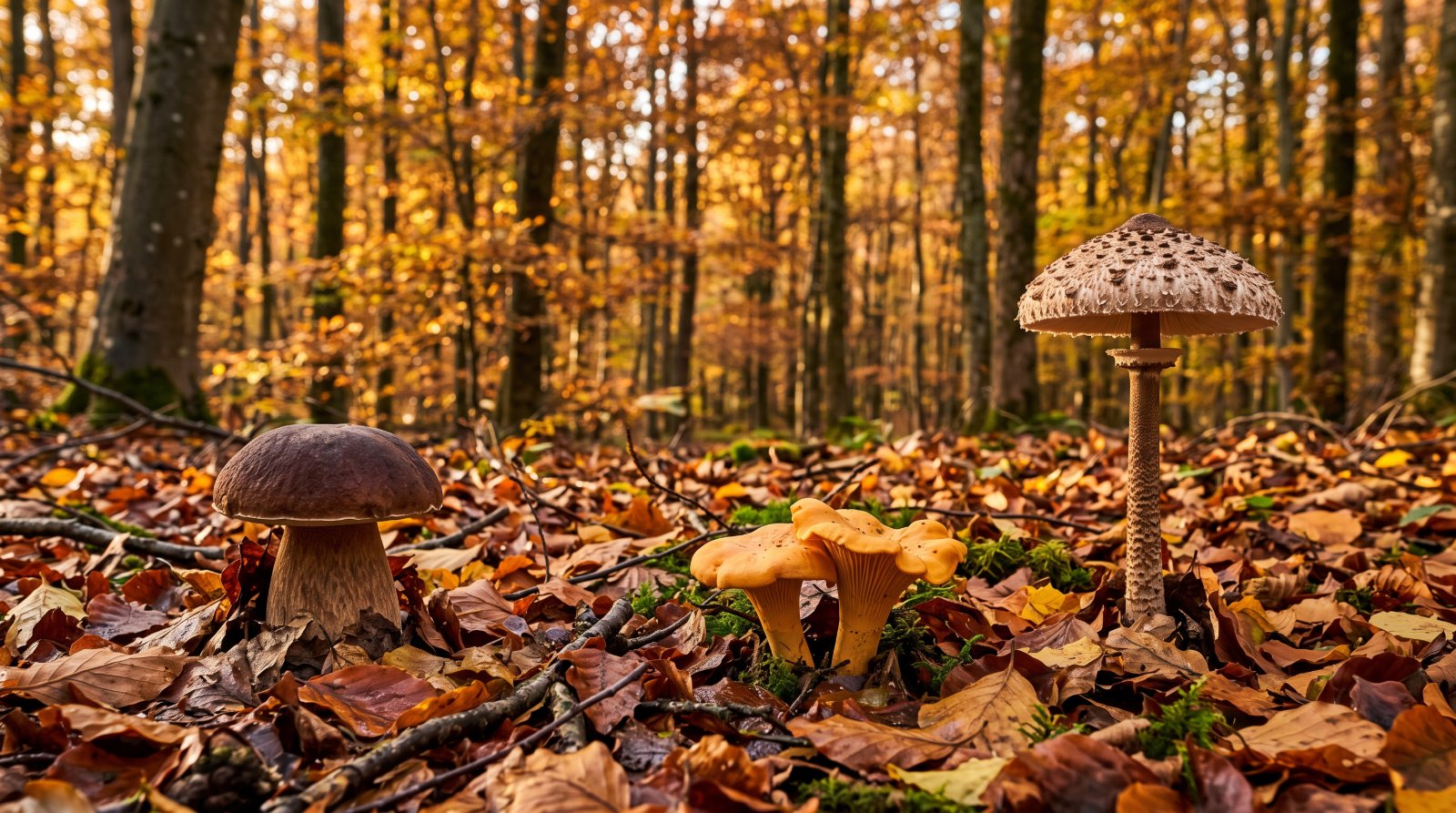 Sous-bois de hêtres en automne avec un cèpe, des girolles et une coulemelle