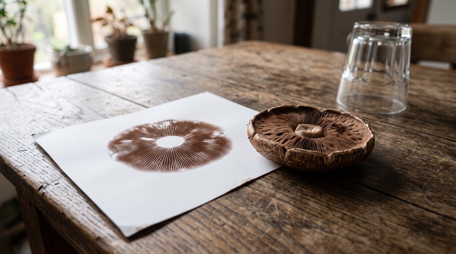 Empreinte de spores brunes en rayons sur une feuille blanche à côté du chapeau