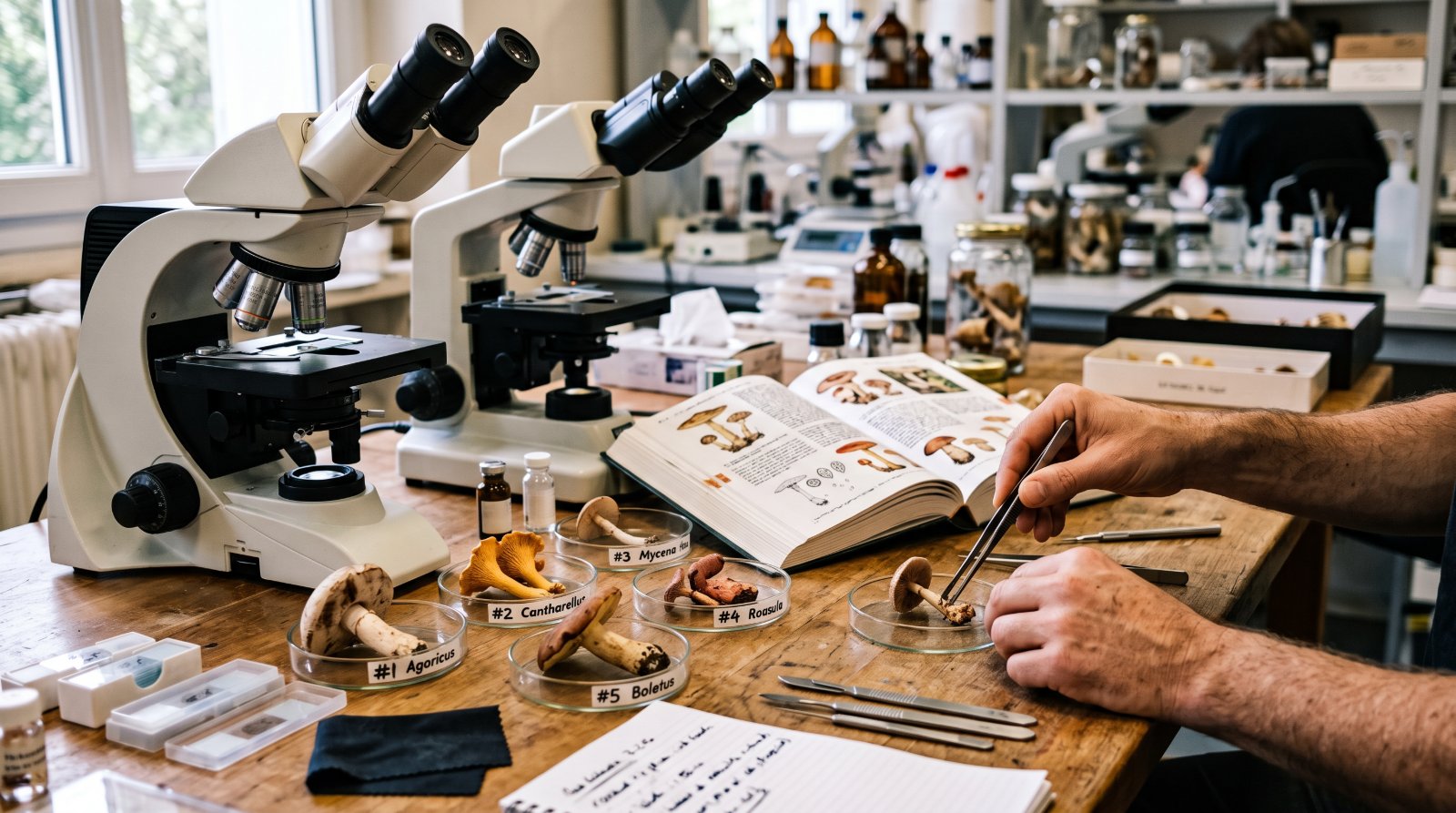 Table de détermination mycologique avec microscopes, lames et champignons numérotés