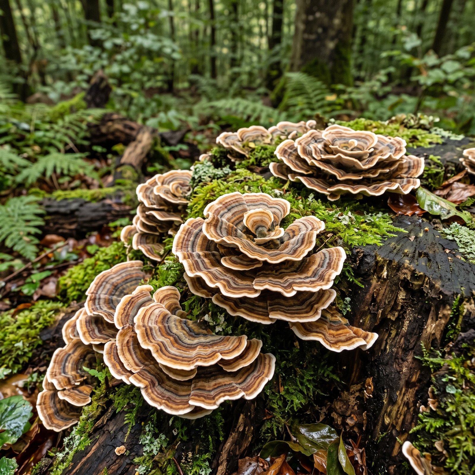 Tramète versicolore (Trametes versicolor) en rosettes zonées sur une souche de hêtre