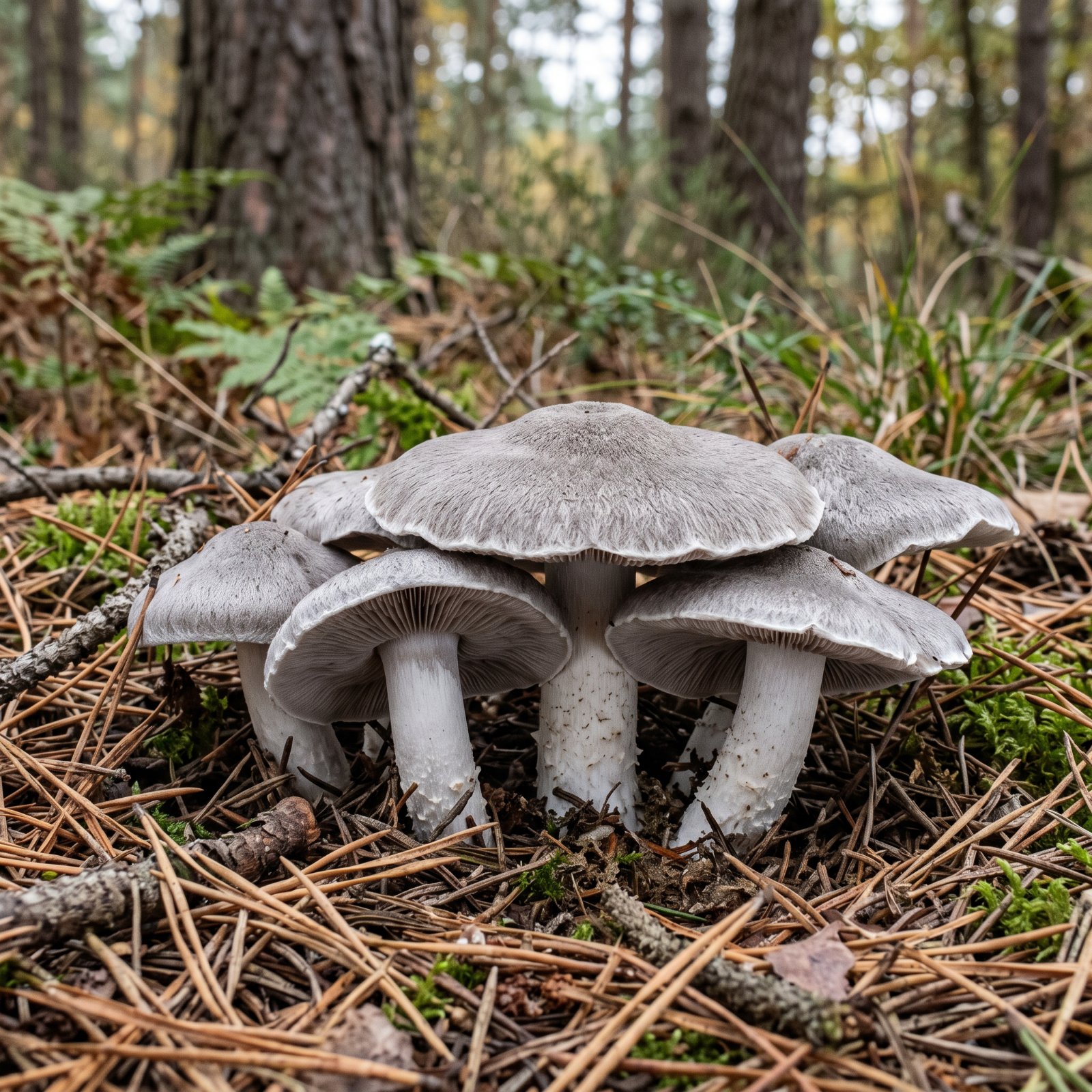 Groupe de tricholomes terreux (Tricholoma terreum) gris souris sous des pins