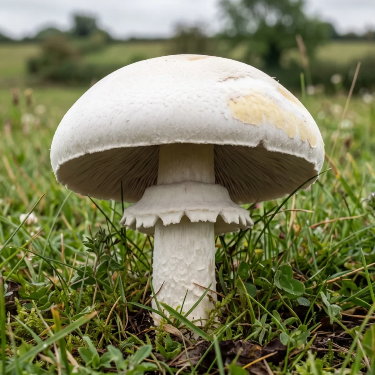 Agaric des jachères dans une prairie, chapeau blanc soyeux et anneau tombant