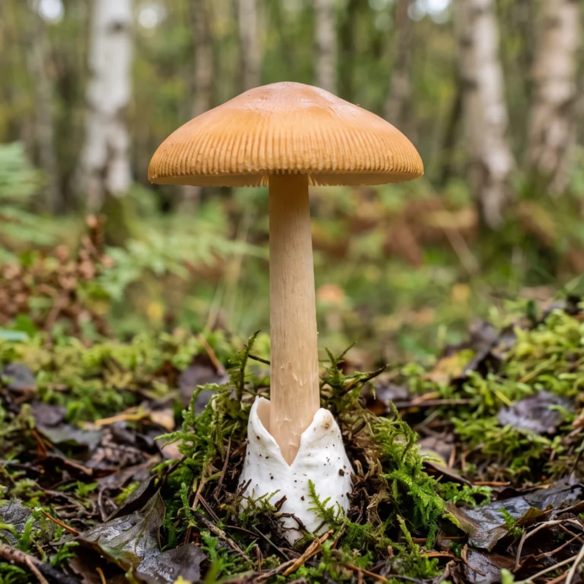 Amanite fauve, chapeau fauve à marge striée et volve blanche en sac à la base