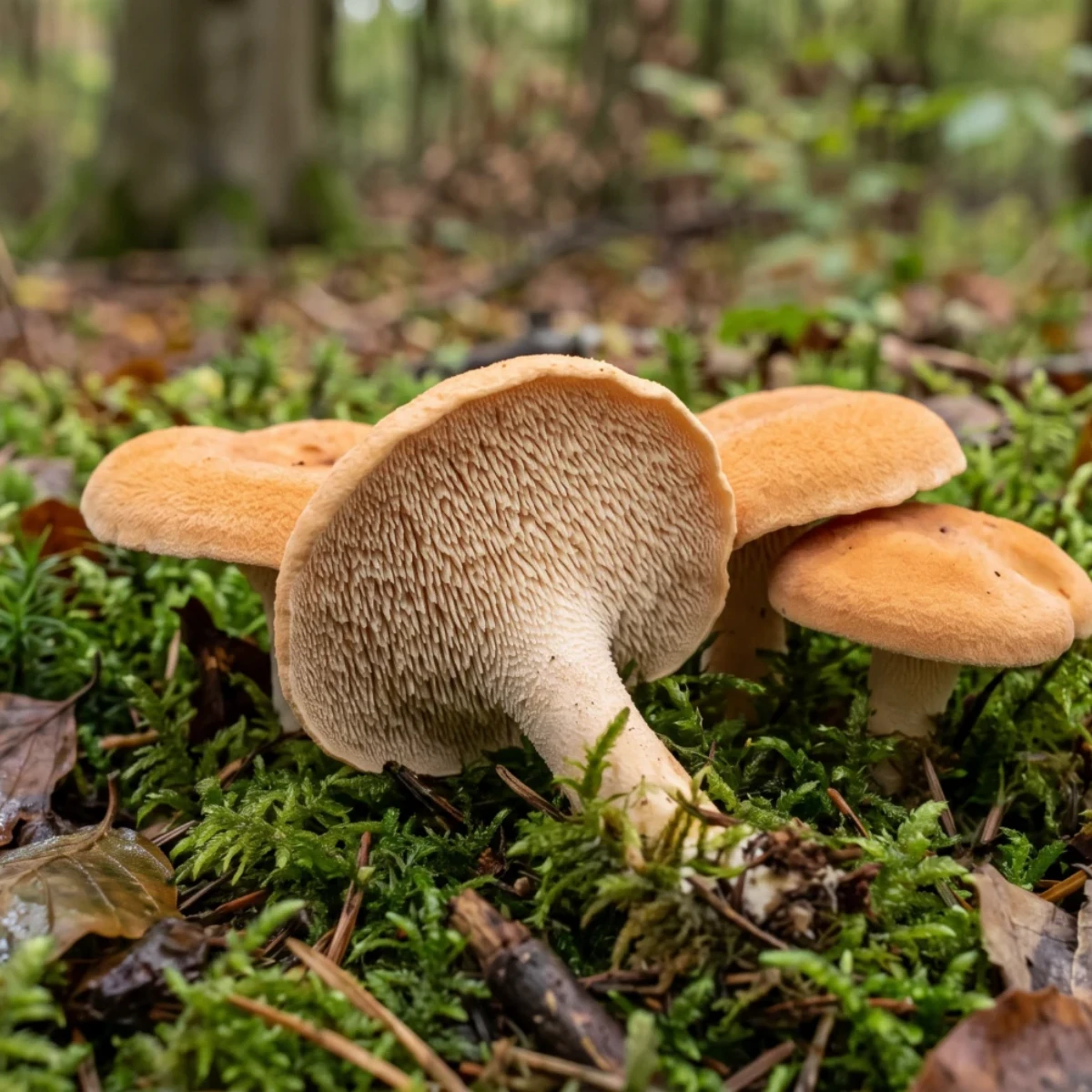Hydne roussissant dans la mousse, aiguillons crème sous le chapeau orangé