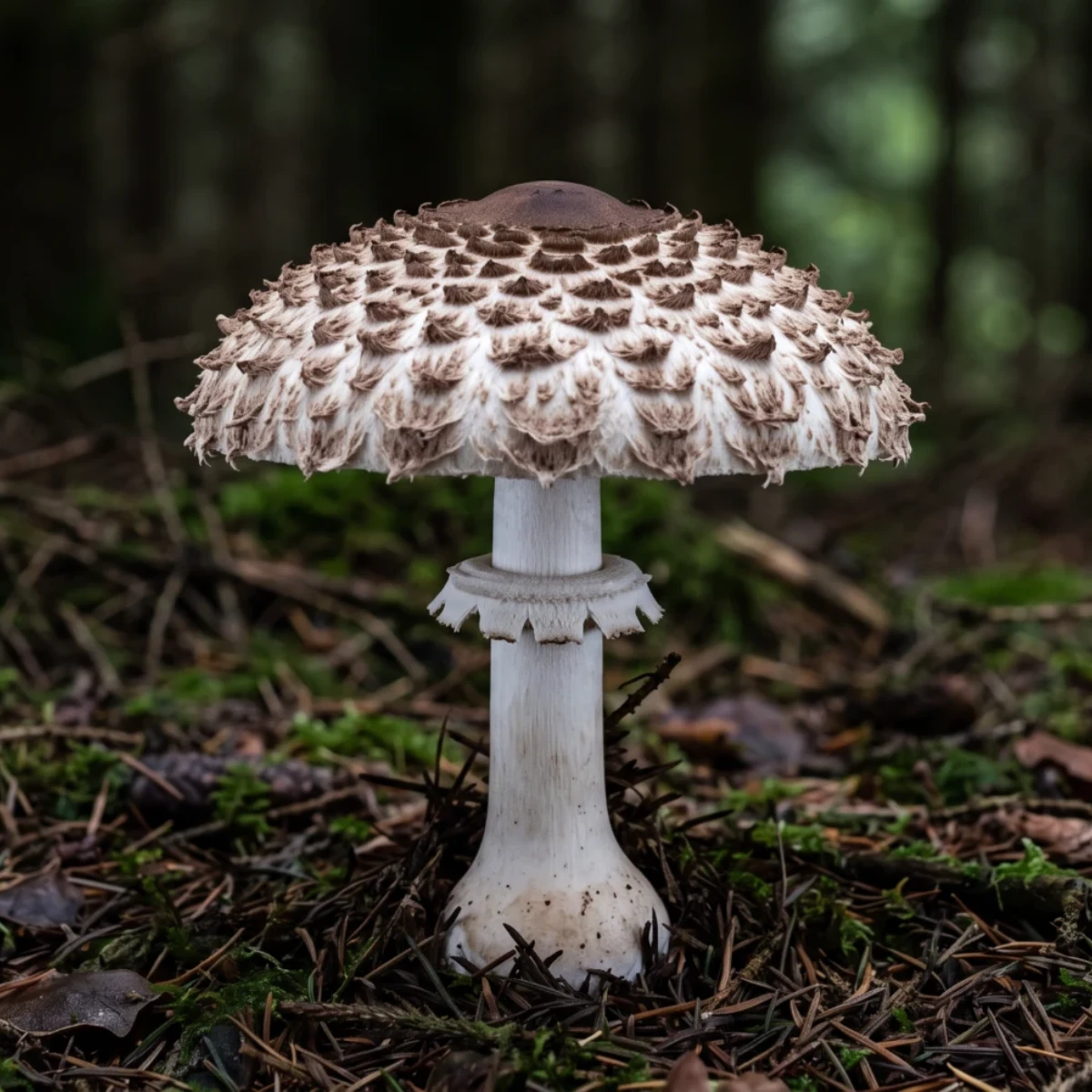 Lépiote déguenillée, chapeau couvert de grosses écailles relevées et anneau double