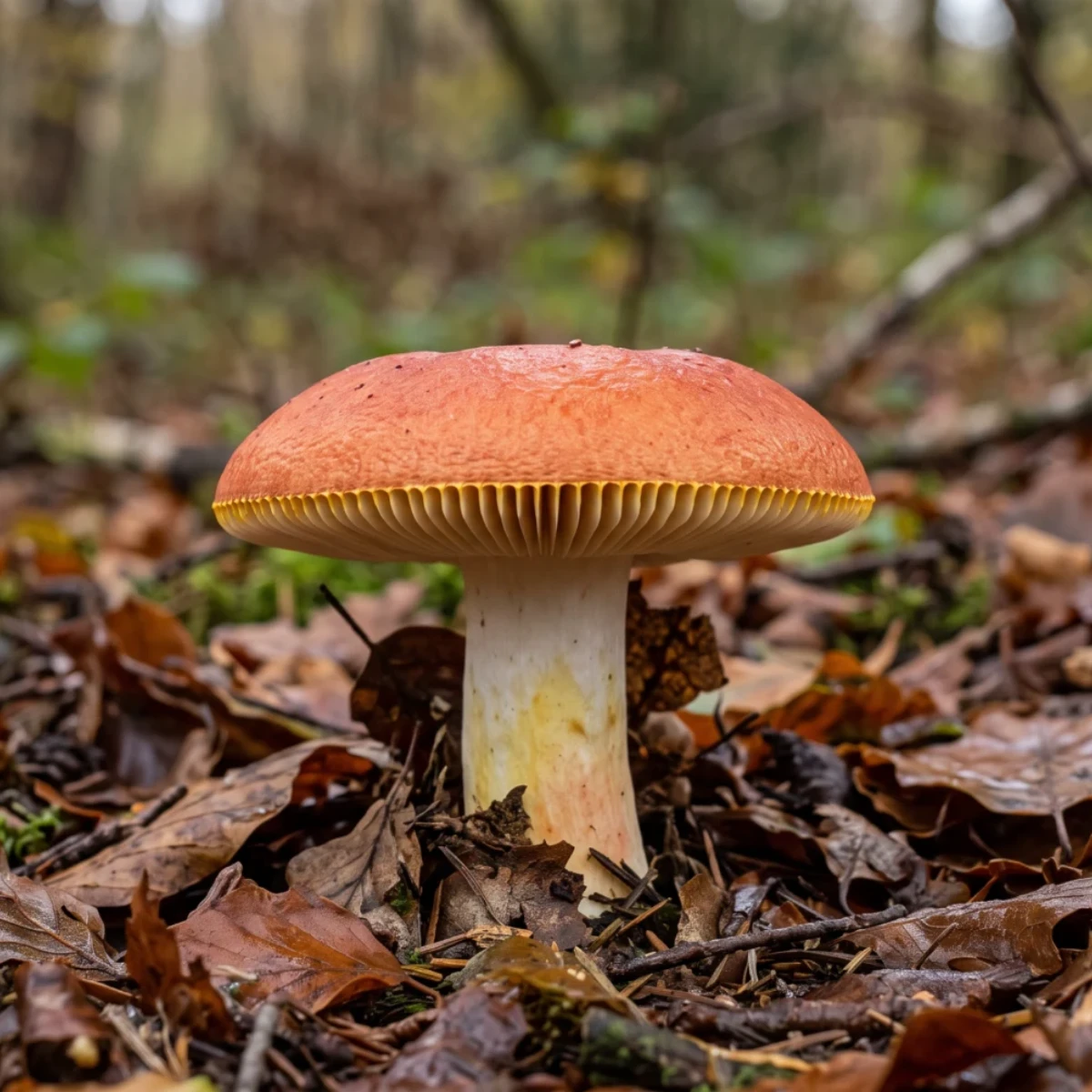 Russule dorée sur litière de hêtre, chapeau rouge orangé et arête des lames jaune