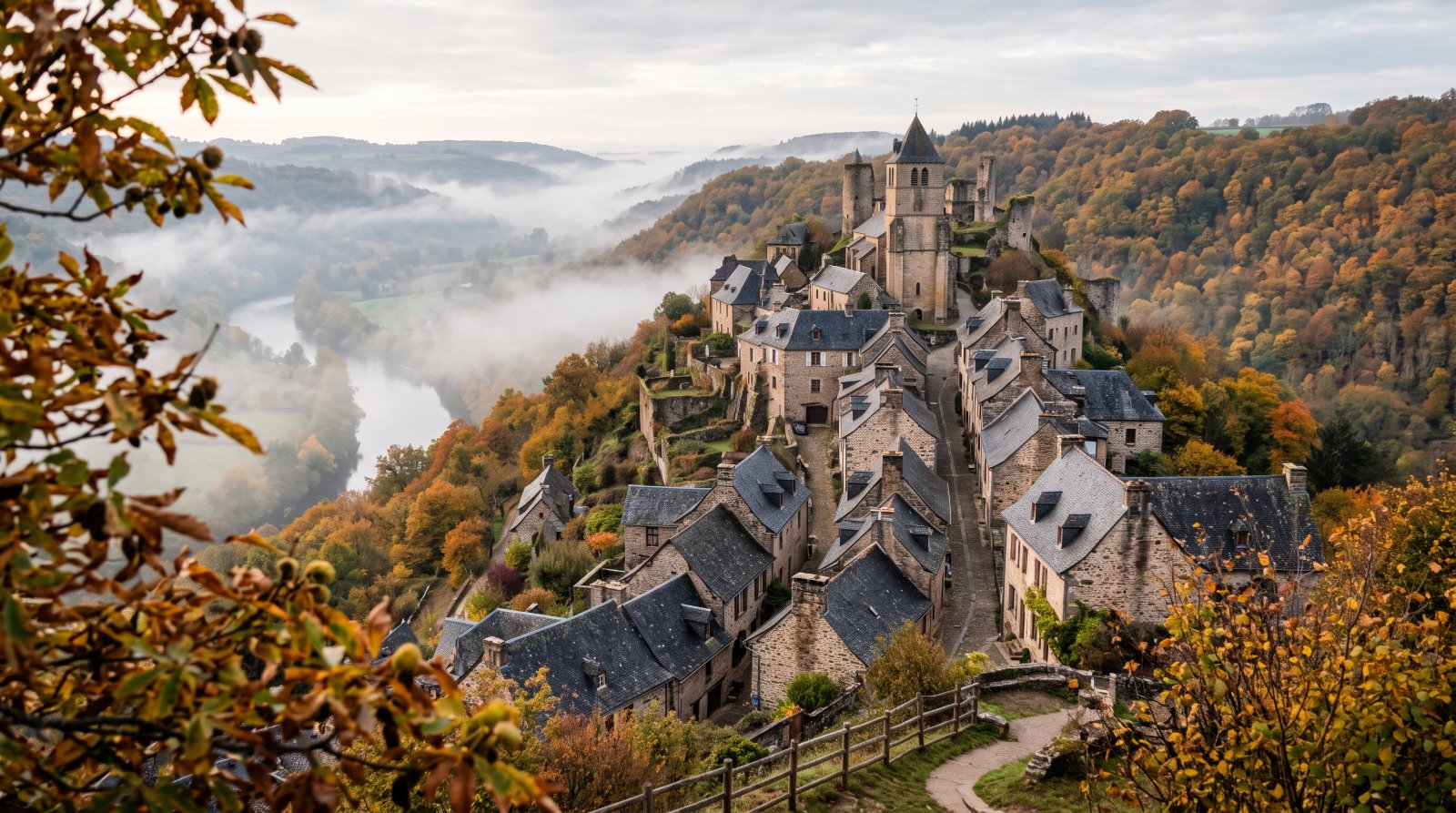 Village de caractère aux toits d'ardoise dans les Monédières en automne