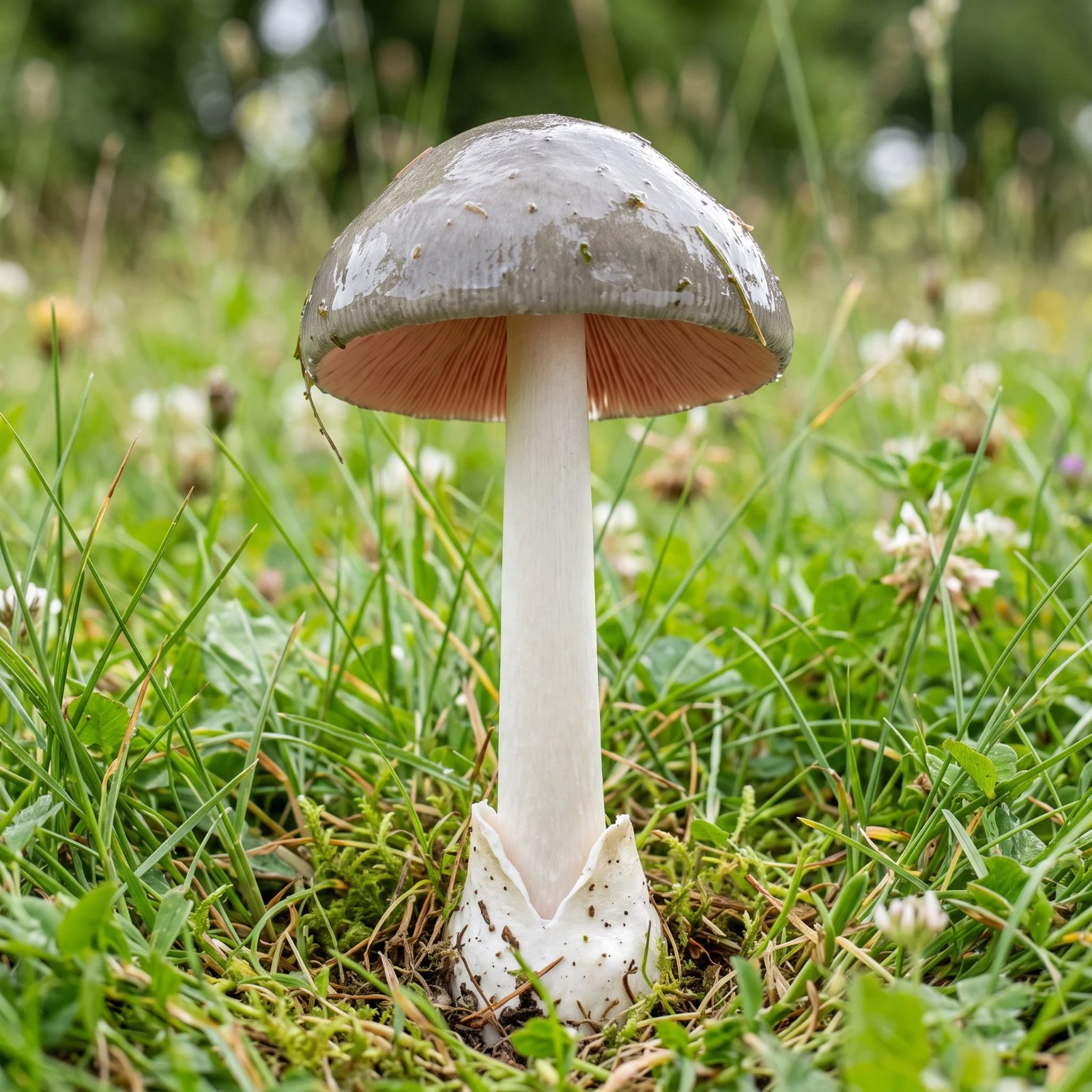 Volvaire gluante au chapeau gris visqueux et à la volve blanche en sac dans une prairie