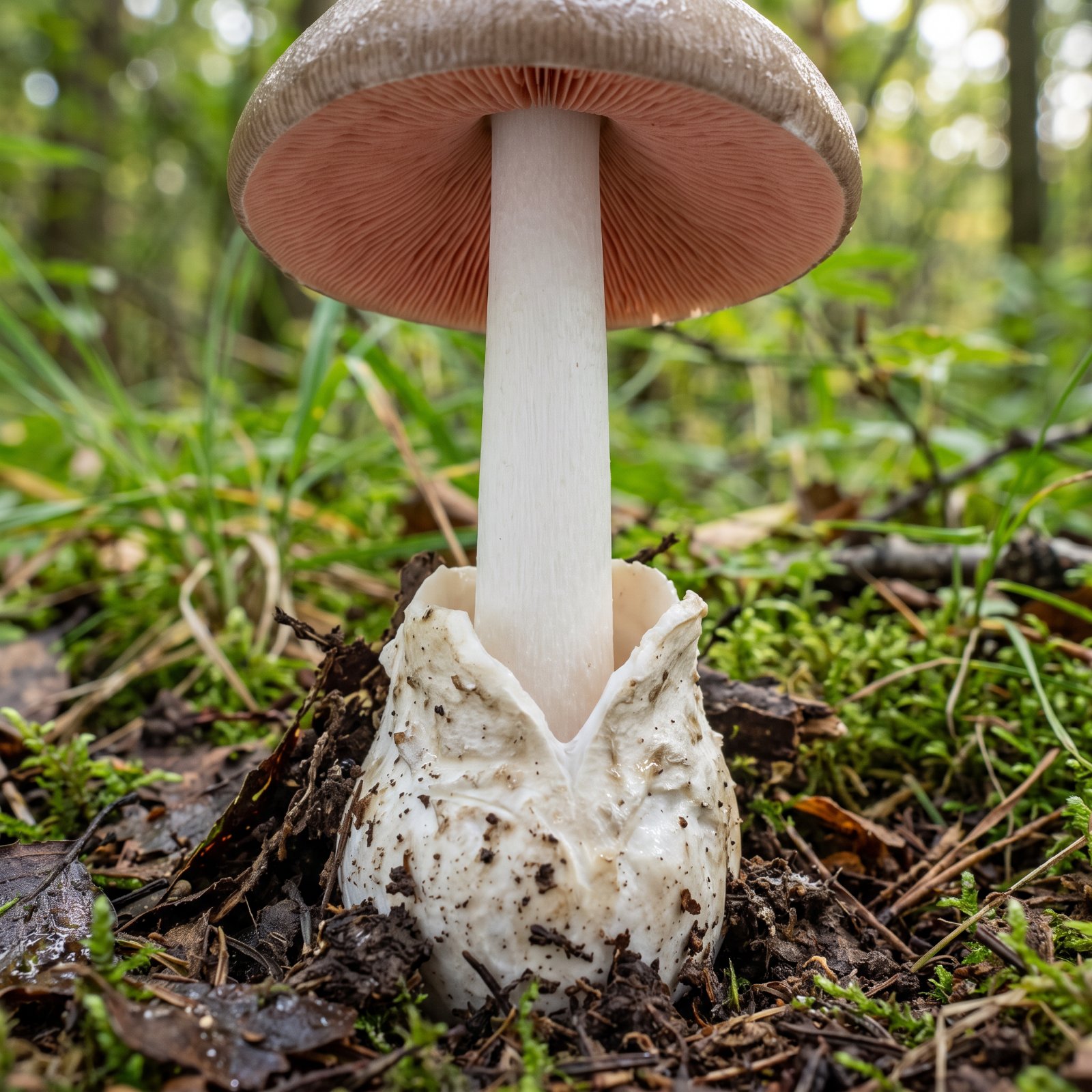 Volve blanche en sac à la base du pied lisse et sans anneau de la volvaire gluante